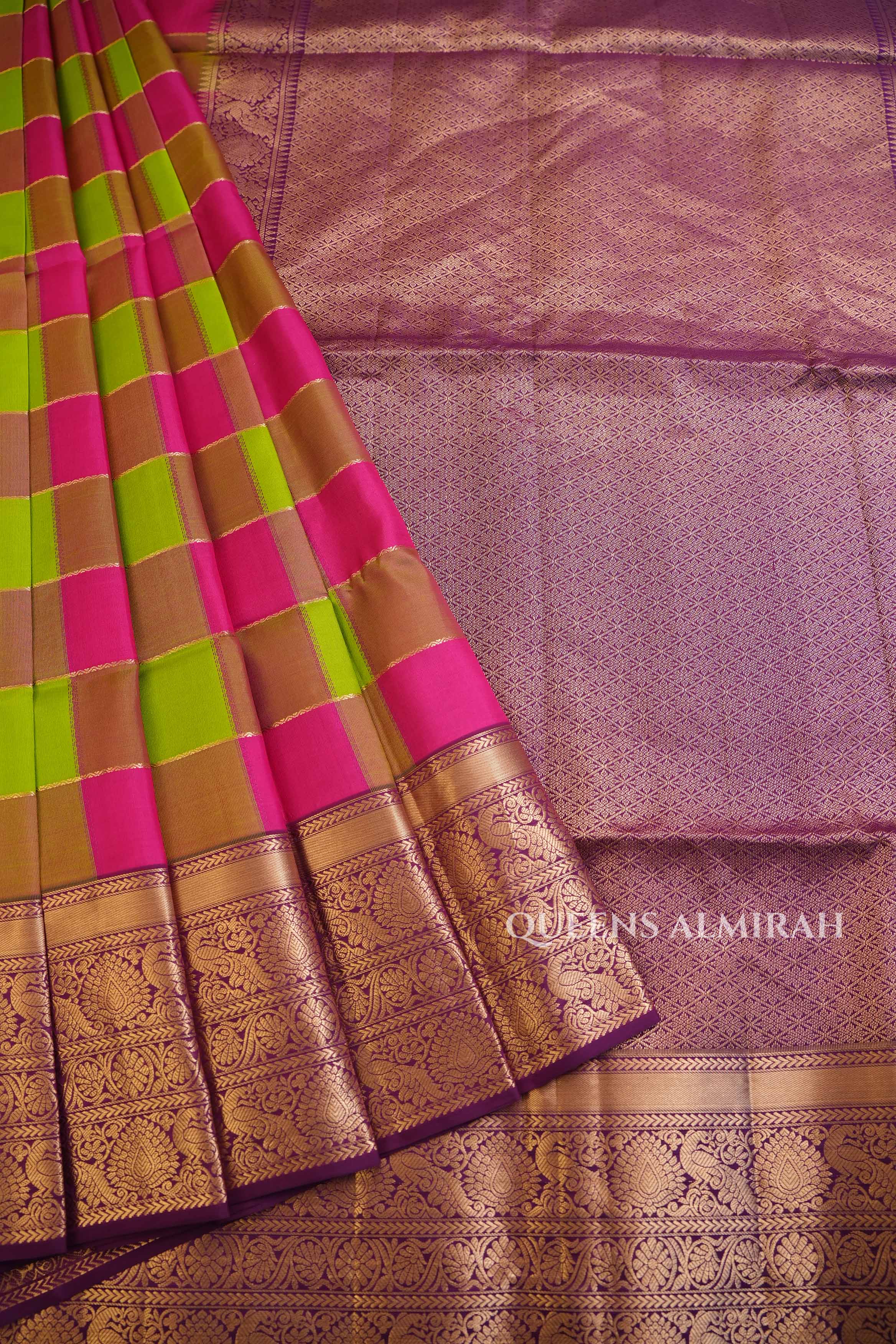 Pink And Green Yaanai Kattam Pure Soft Silk Saree