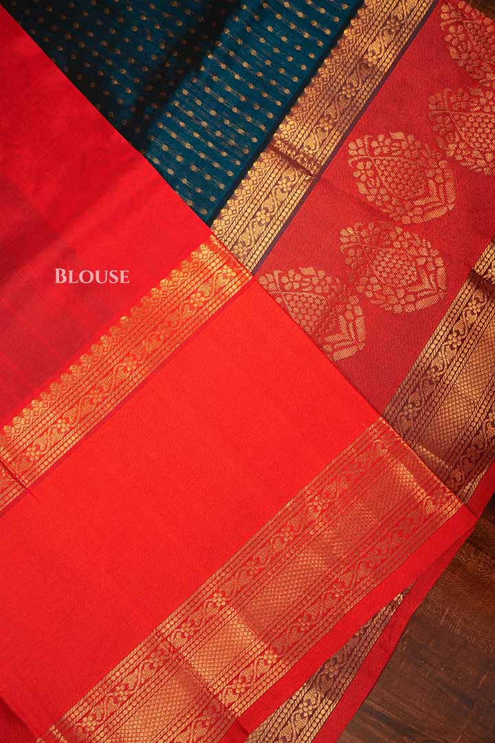 Peacock Blue With Red Pure Kanchi Silk Cotton Saree