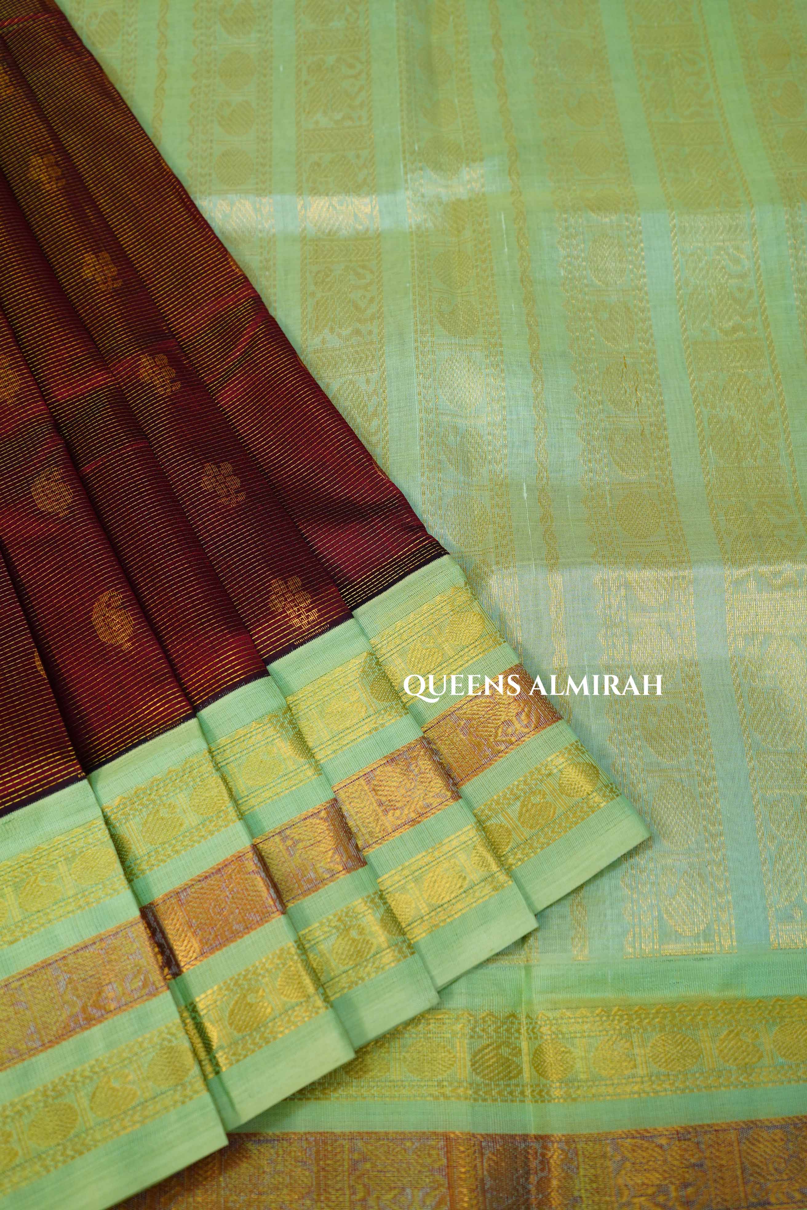 Maroon With Mint Green Pure Silk Cotton Saree