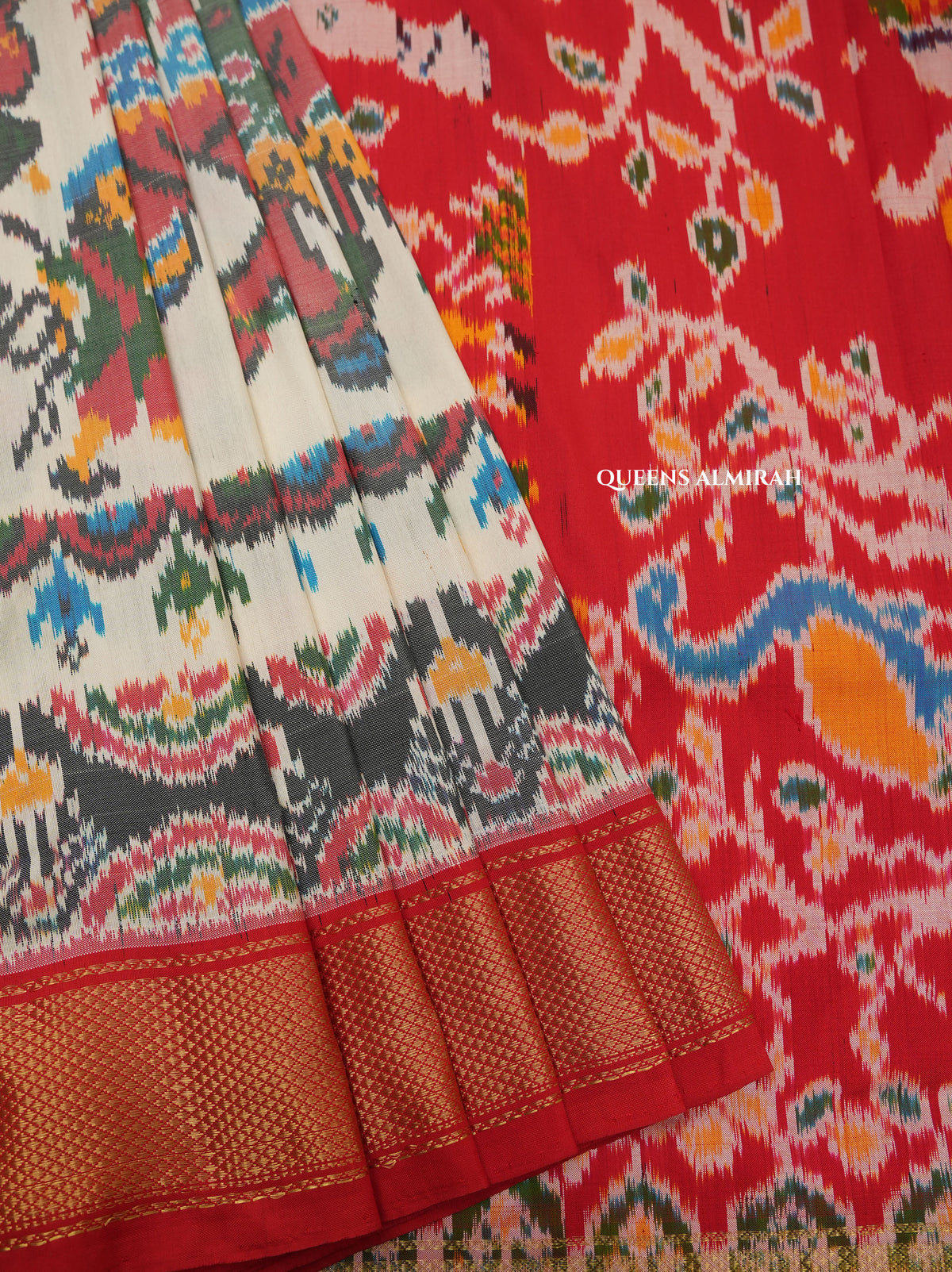 Off White With Red Pochampally Silk Saree