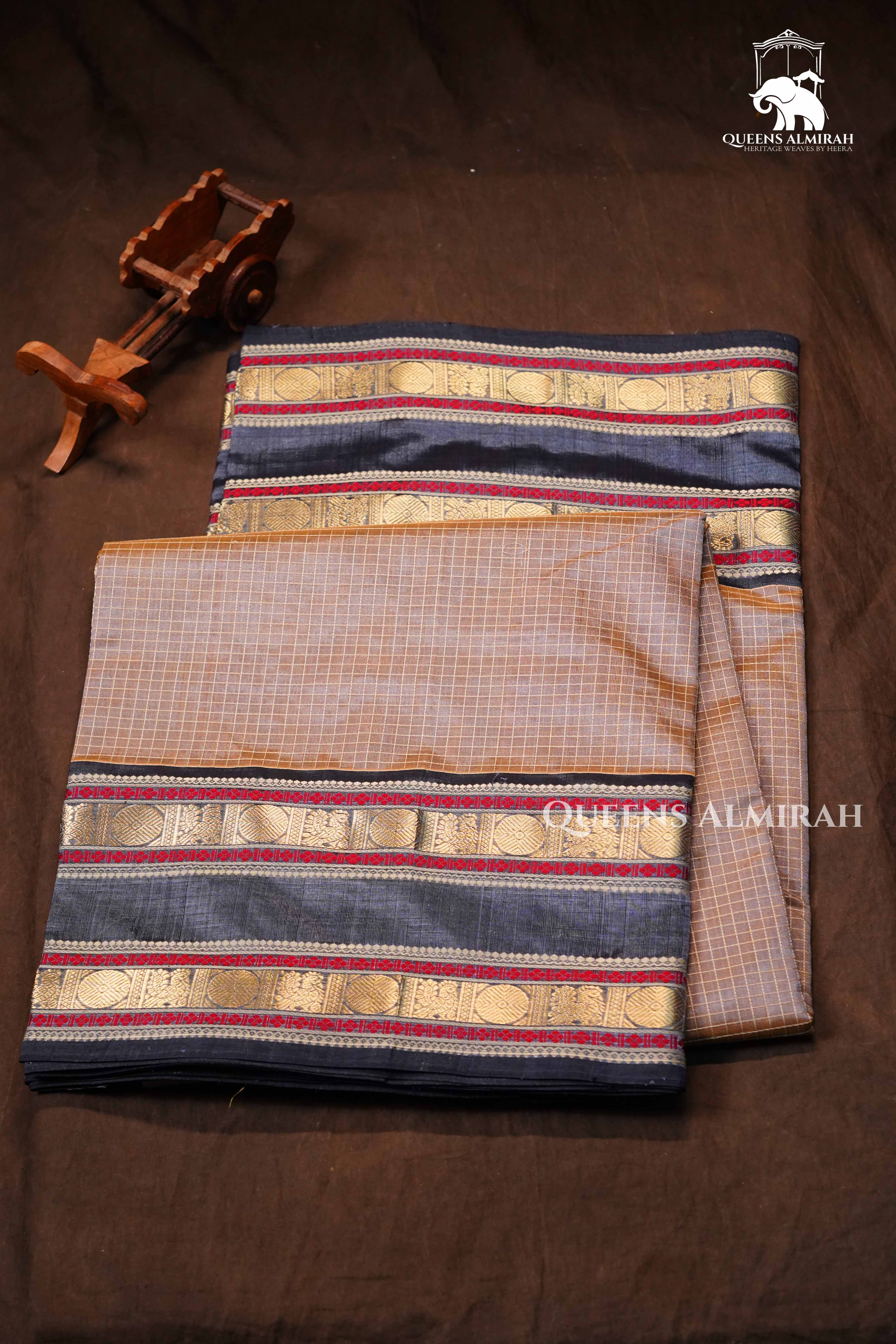 Tan Brown With Denim Blue Karaikudi Chettinad Silk Cotton Saree