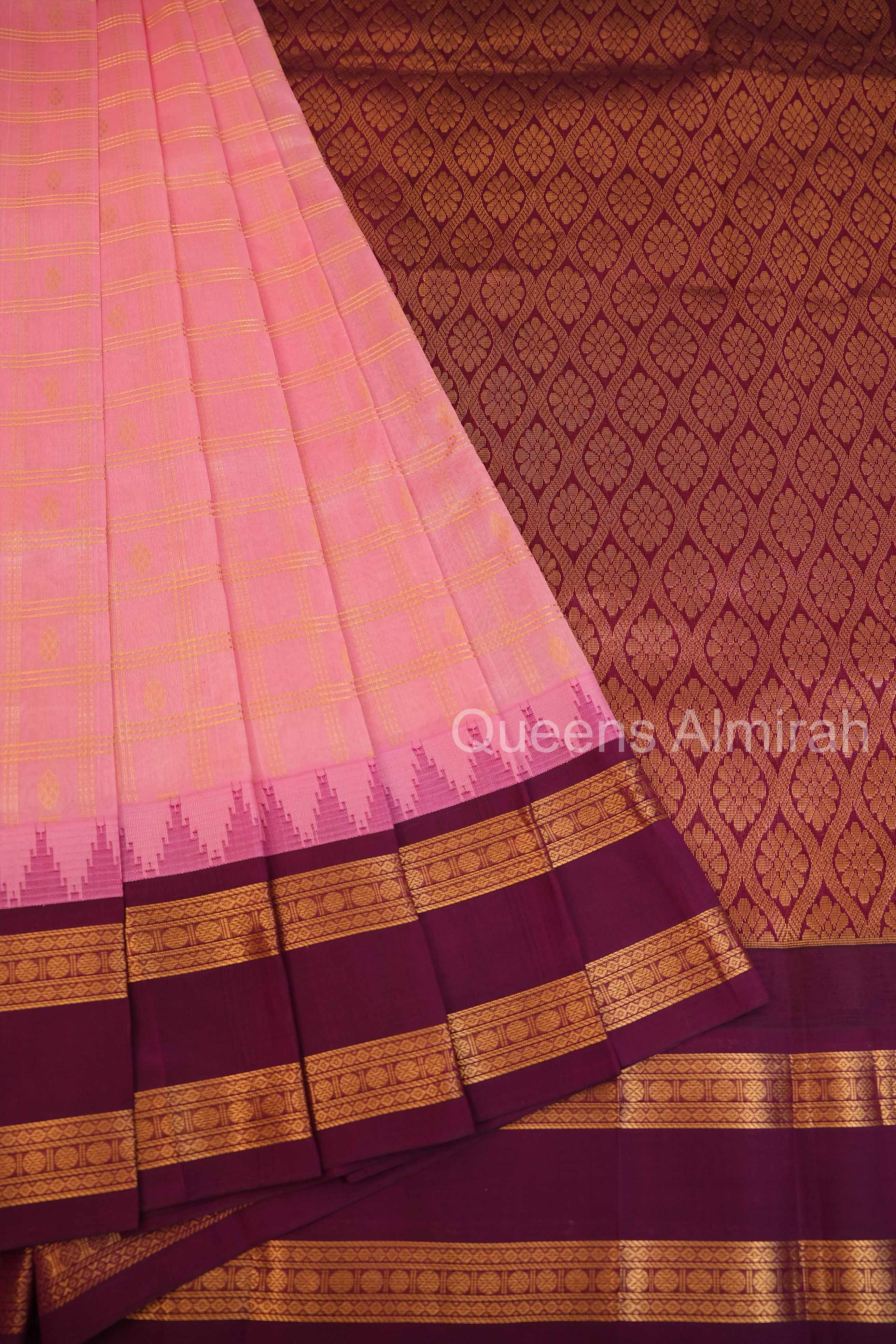 Pink With Purple Gap Border Pure Silk Cotton Saree