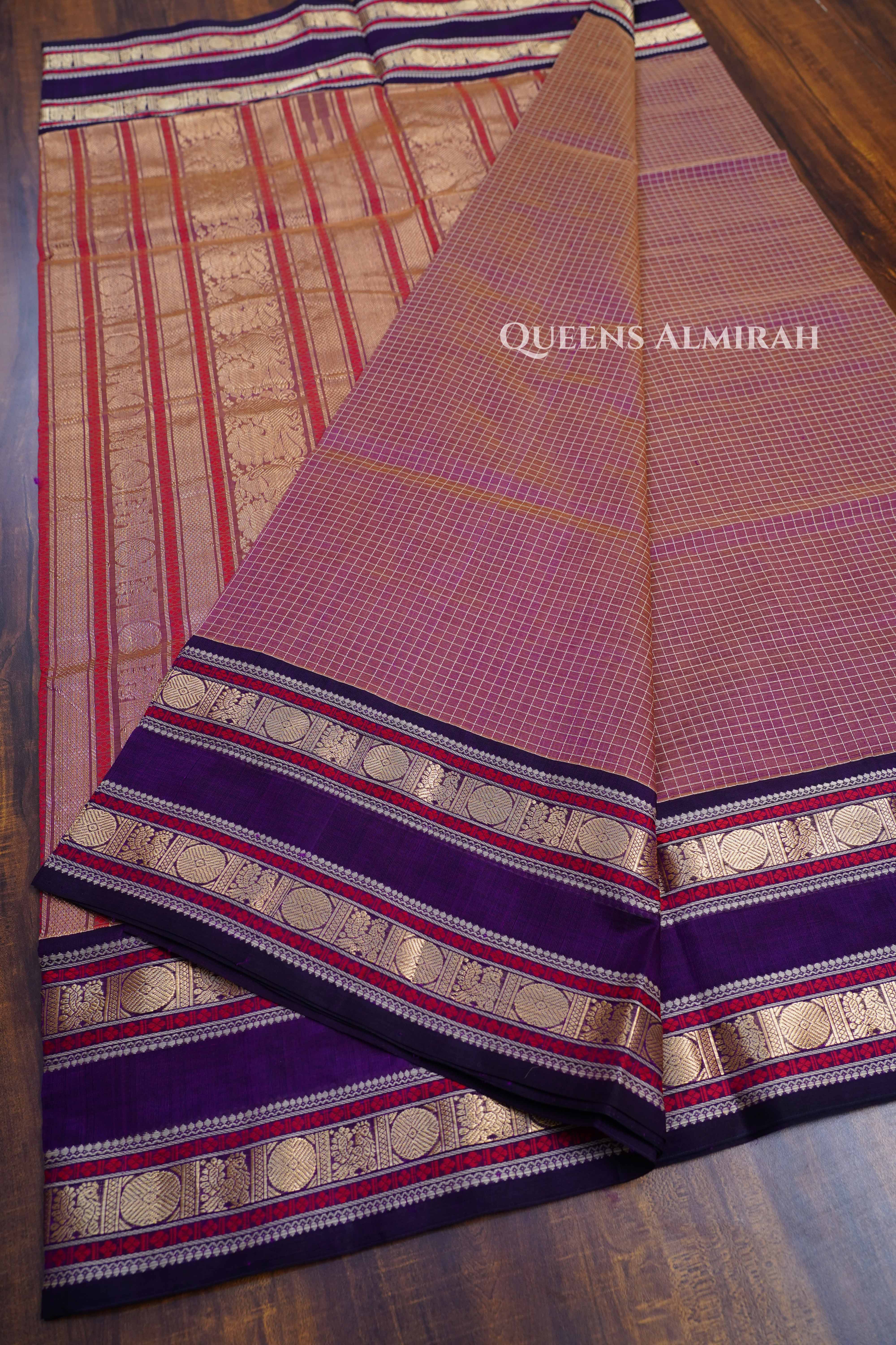 Pastel Pink With Dark Purple - Karaikudi Chettinad Silk Cotton Saree