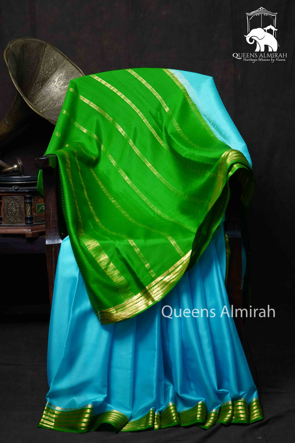 TURQUOISE BLUE WITH  DEEP GREEN MYSORE SILK SAREE