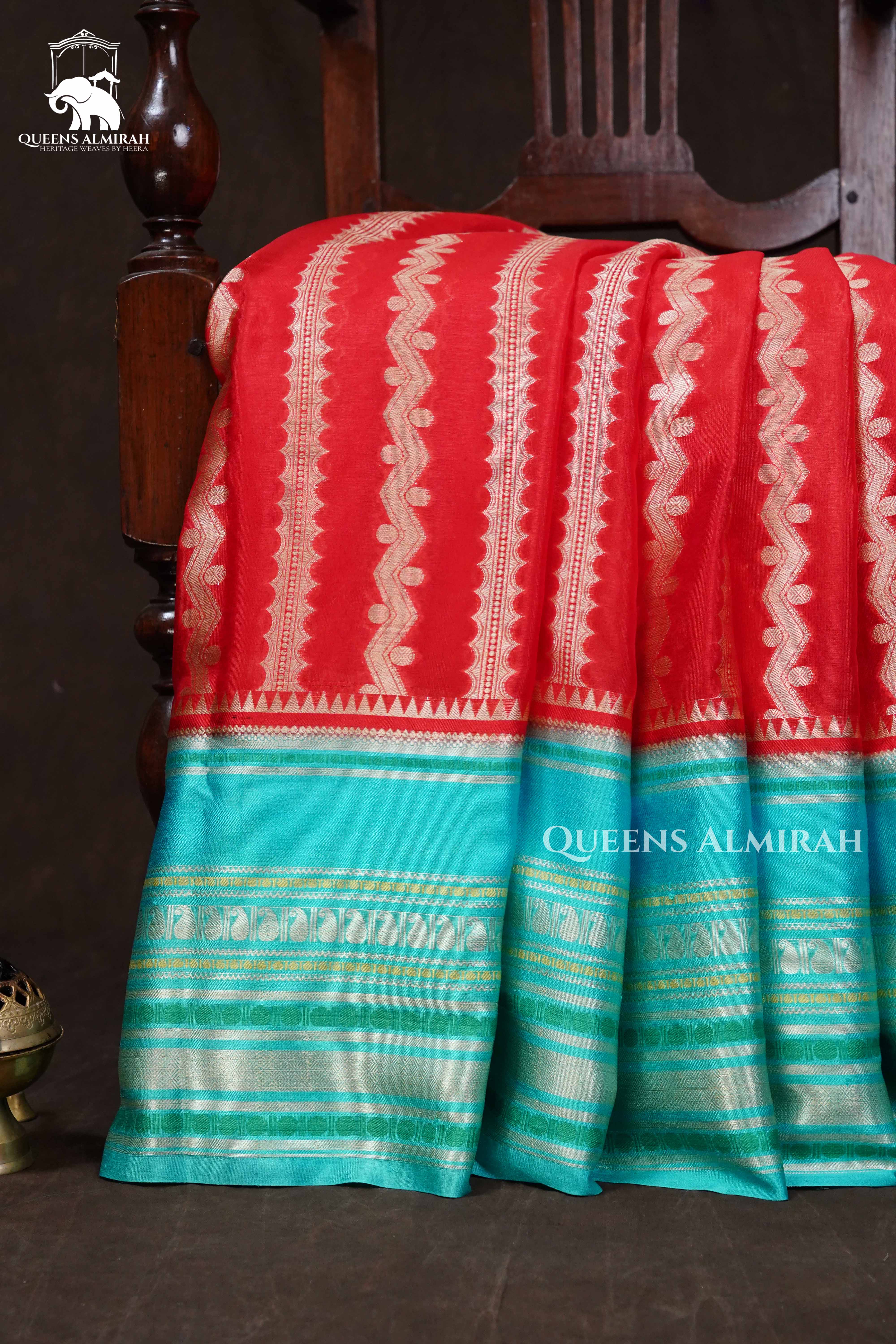 Coral Red With Turquoise Blue Semi Banarasi Silk Saree