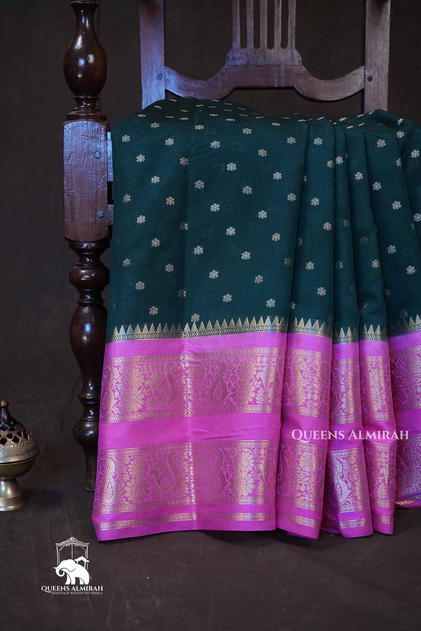 Dark Green With Pink Semi Banarasi Katan Soft Silk Saree