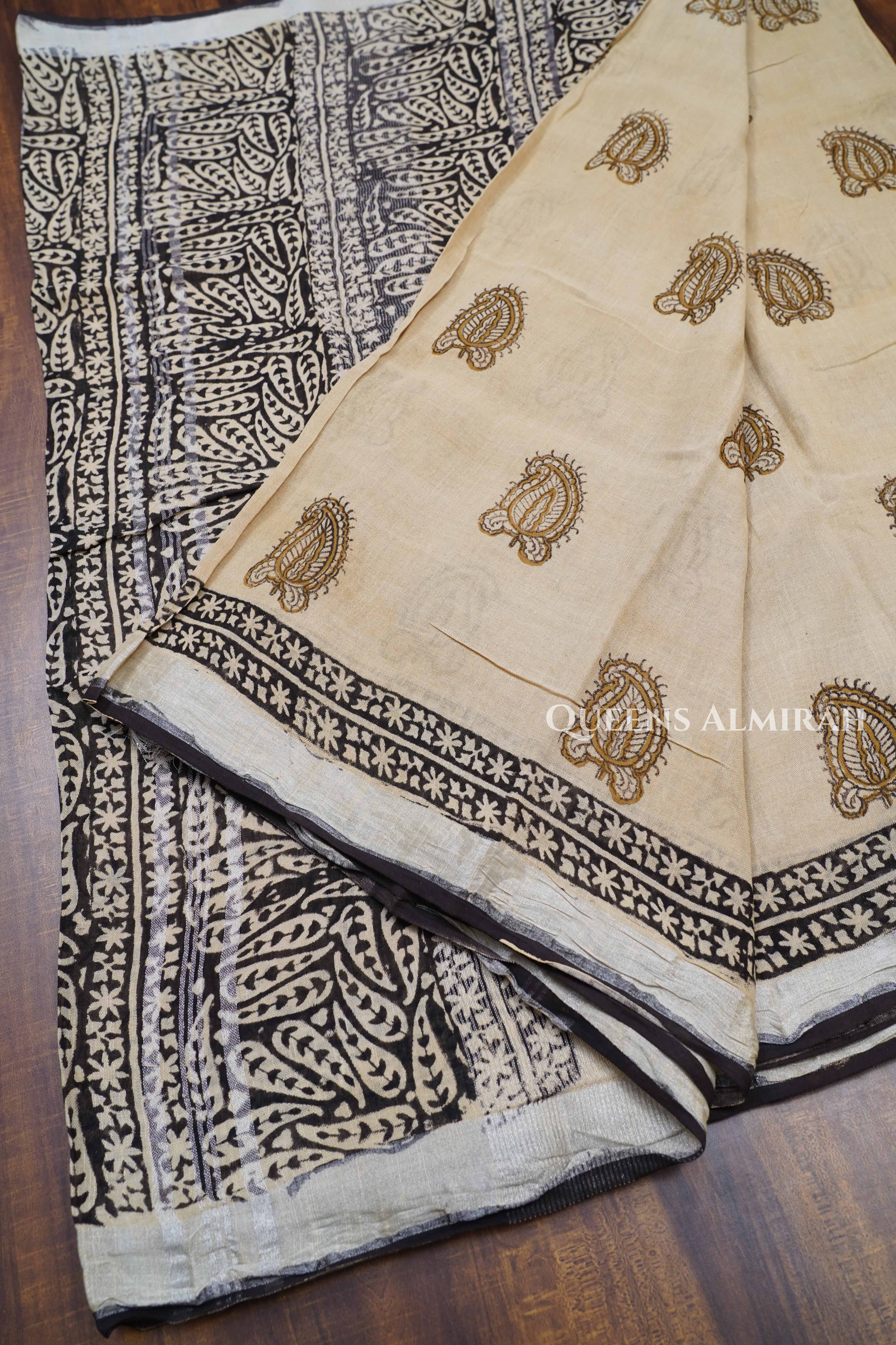 Pale Vanilla With Black Linen Cotton Saree