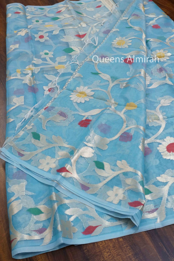 DUSKY BLUE MUSLIN JAMDANI SAREE - Queens Jewel Emporium