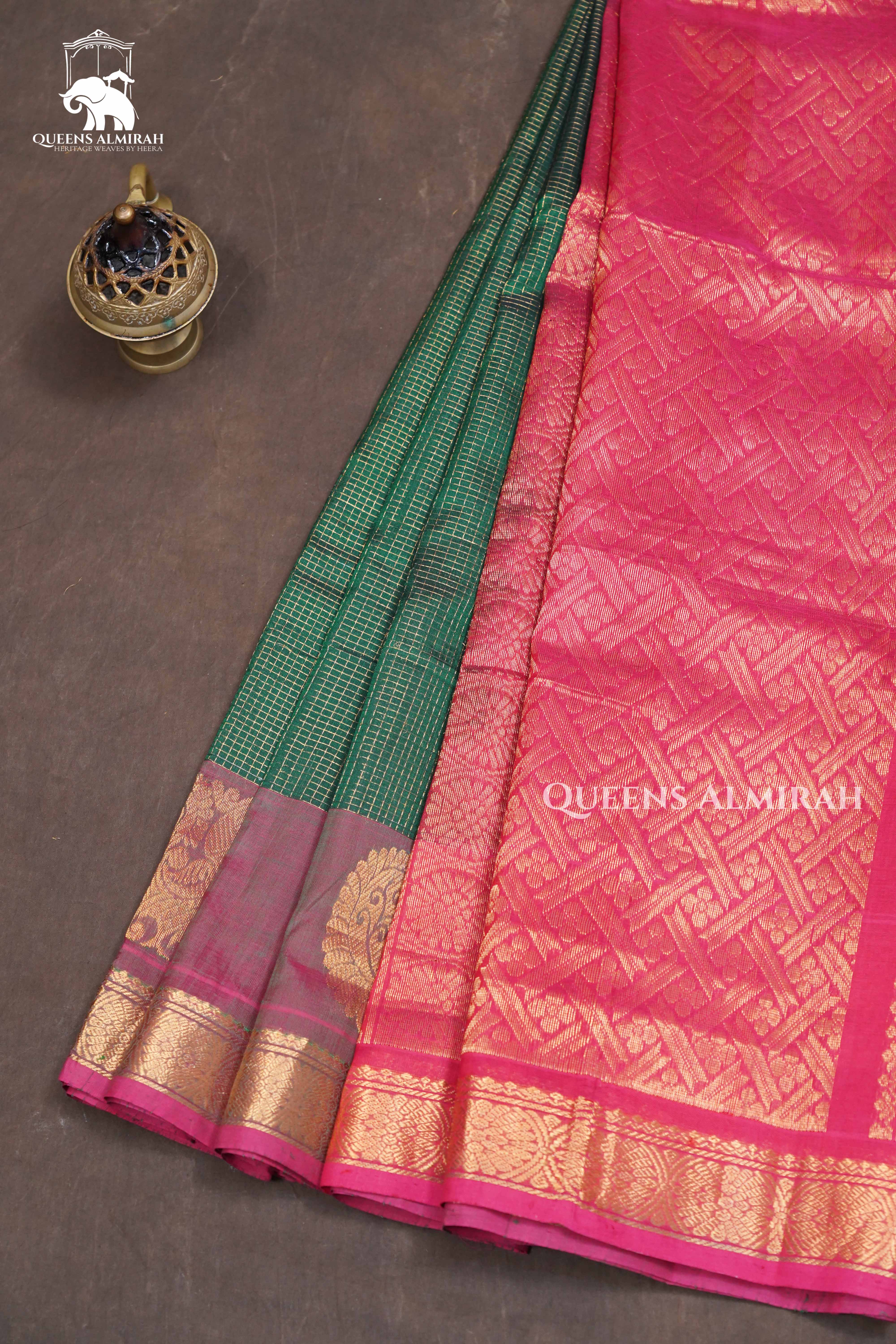 Dark Green With Red Pure Kanchi Silk Cotton Saree