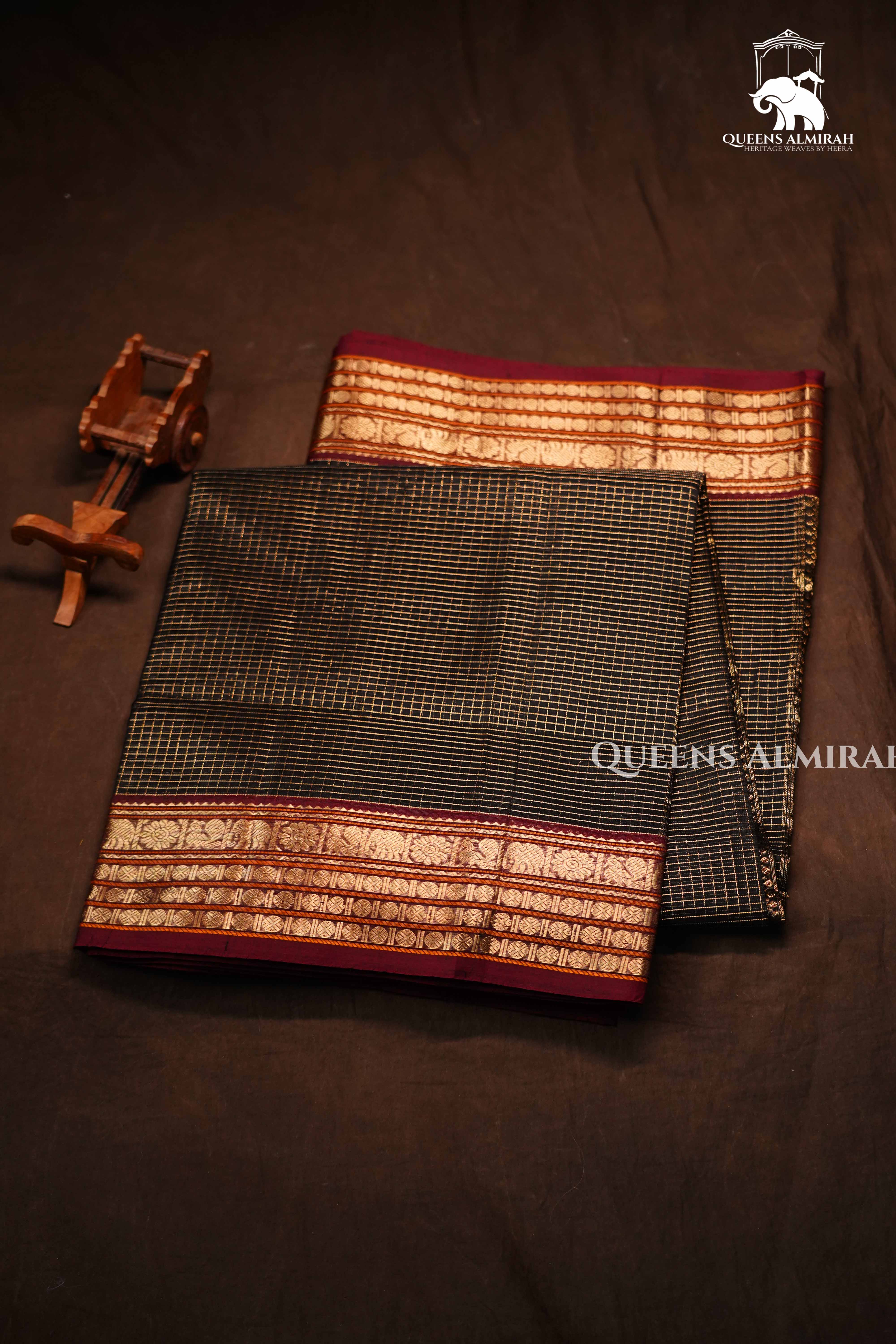 Black With Maroon- Karaikudi Chettinad Silk Cotton Saree