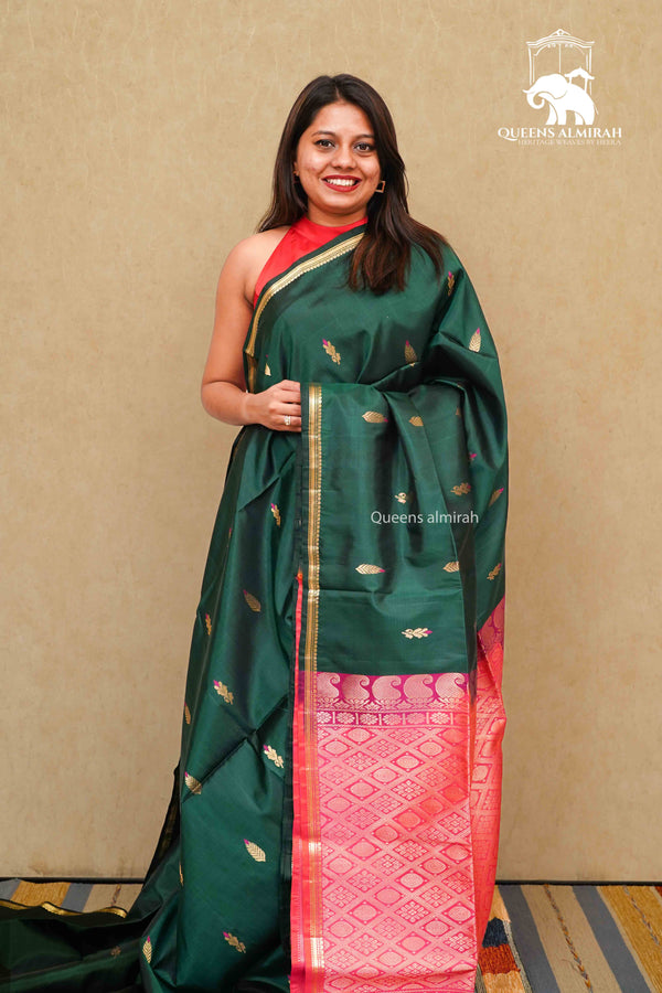 PALM GREEN WITH GOLD BORDER SOFT SILK SAREE - Queens Jewel Emporium