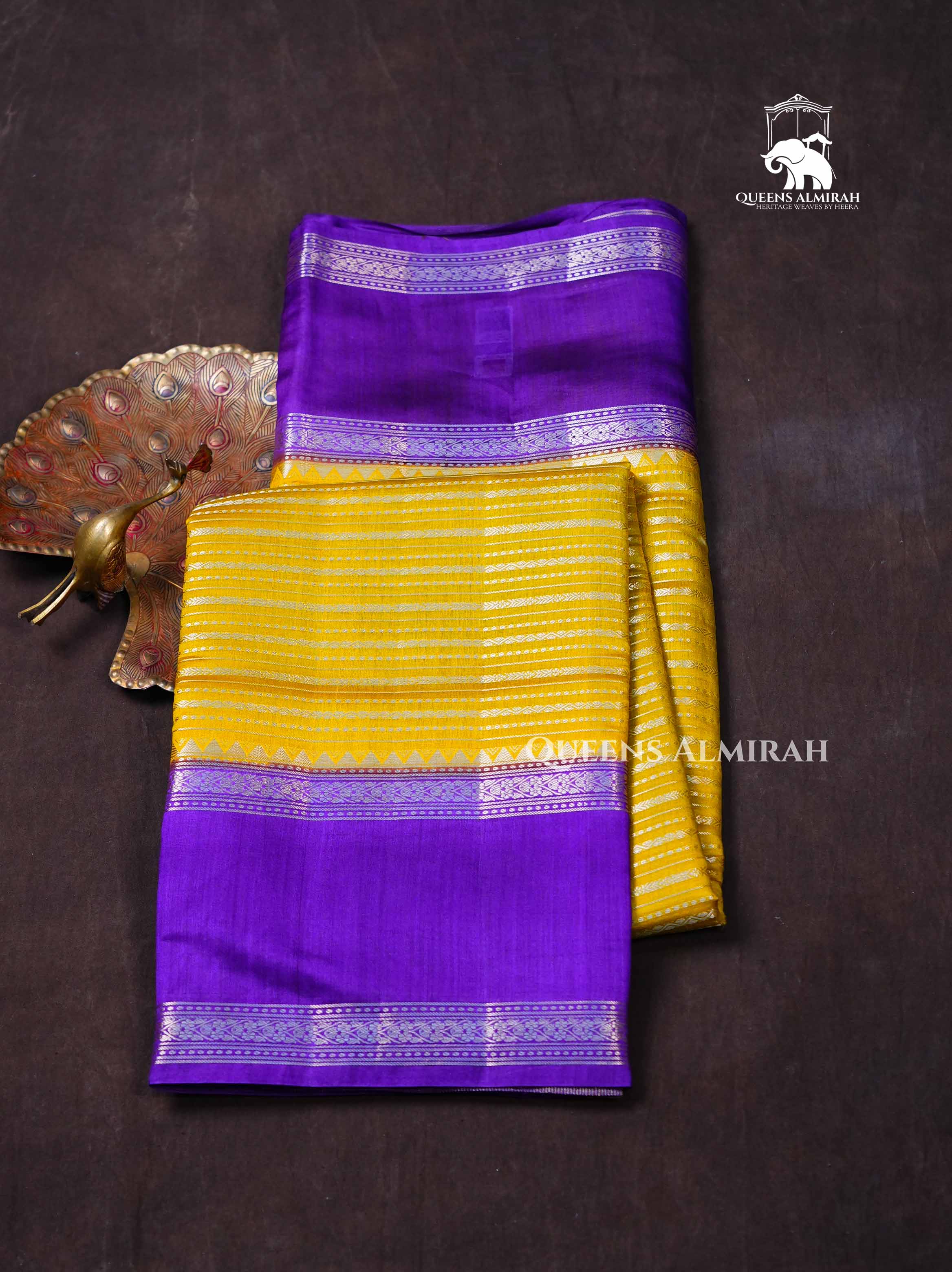 Yellow With Purple Chiniya Silk Saree
