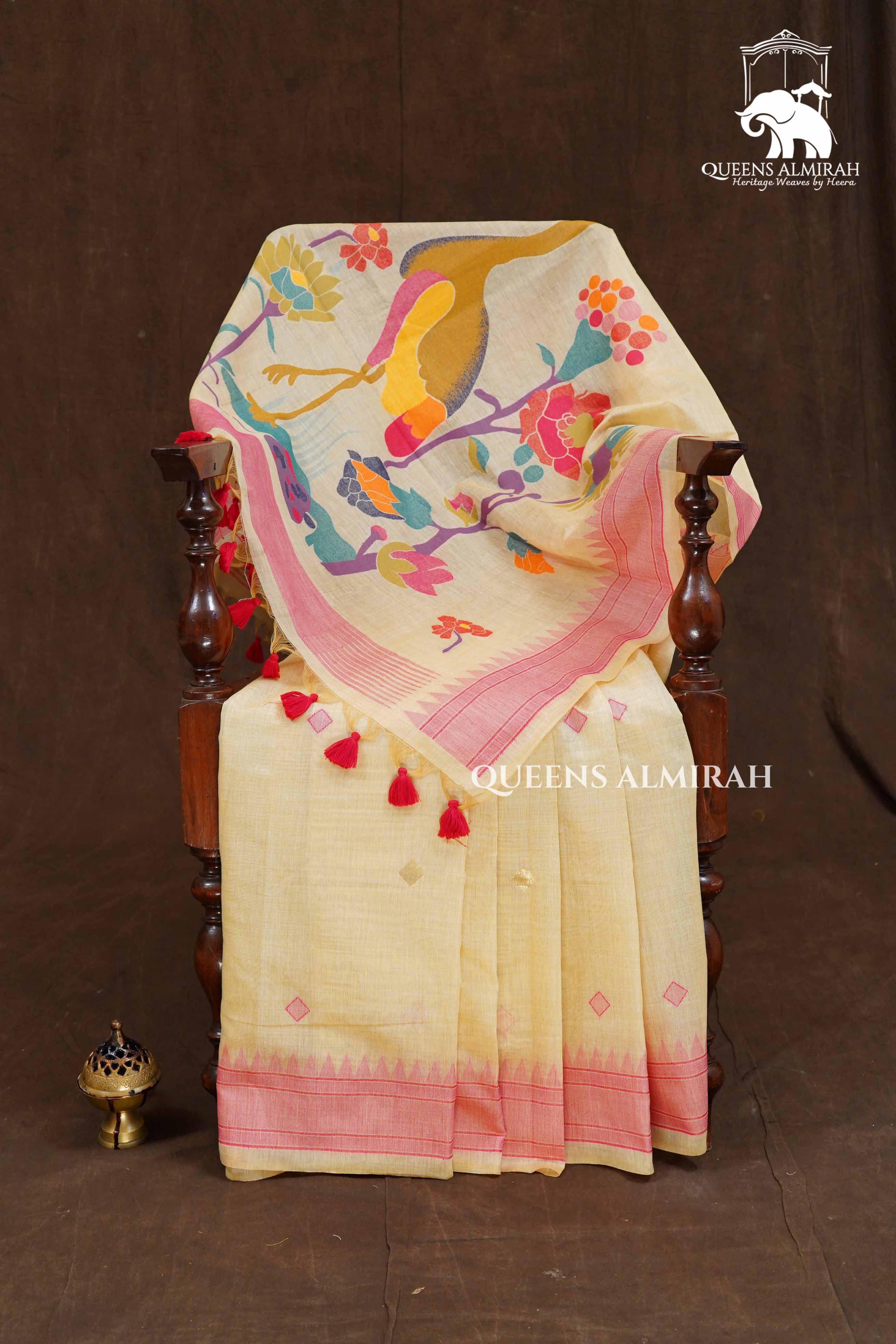 Off White With Pink Chanderi Silk Cotton Saree