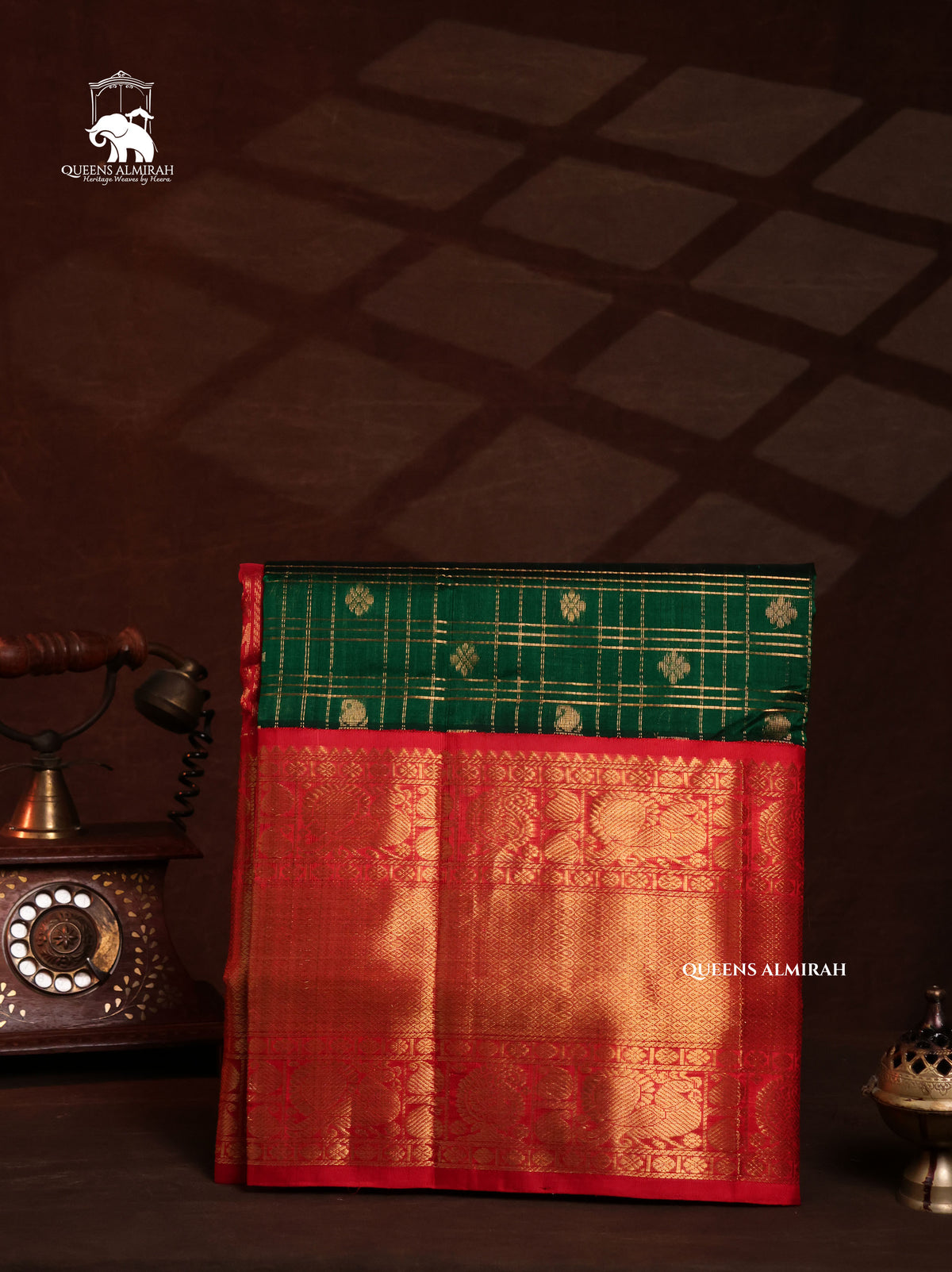 Dark Green Kattam With Red Long And Short Border Pure Silk Cotton Saree