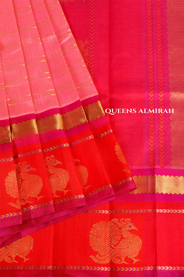 Rose Milk Pink With Red Peacock Border Pure Silk Cotton Saree
