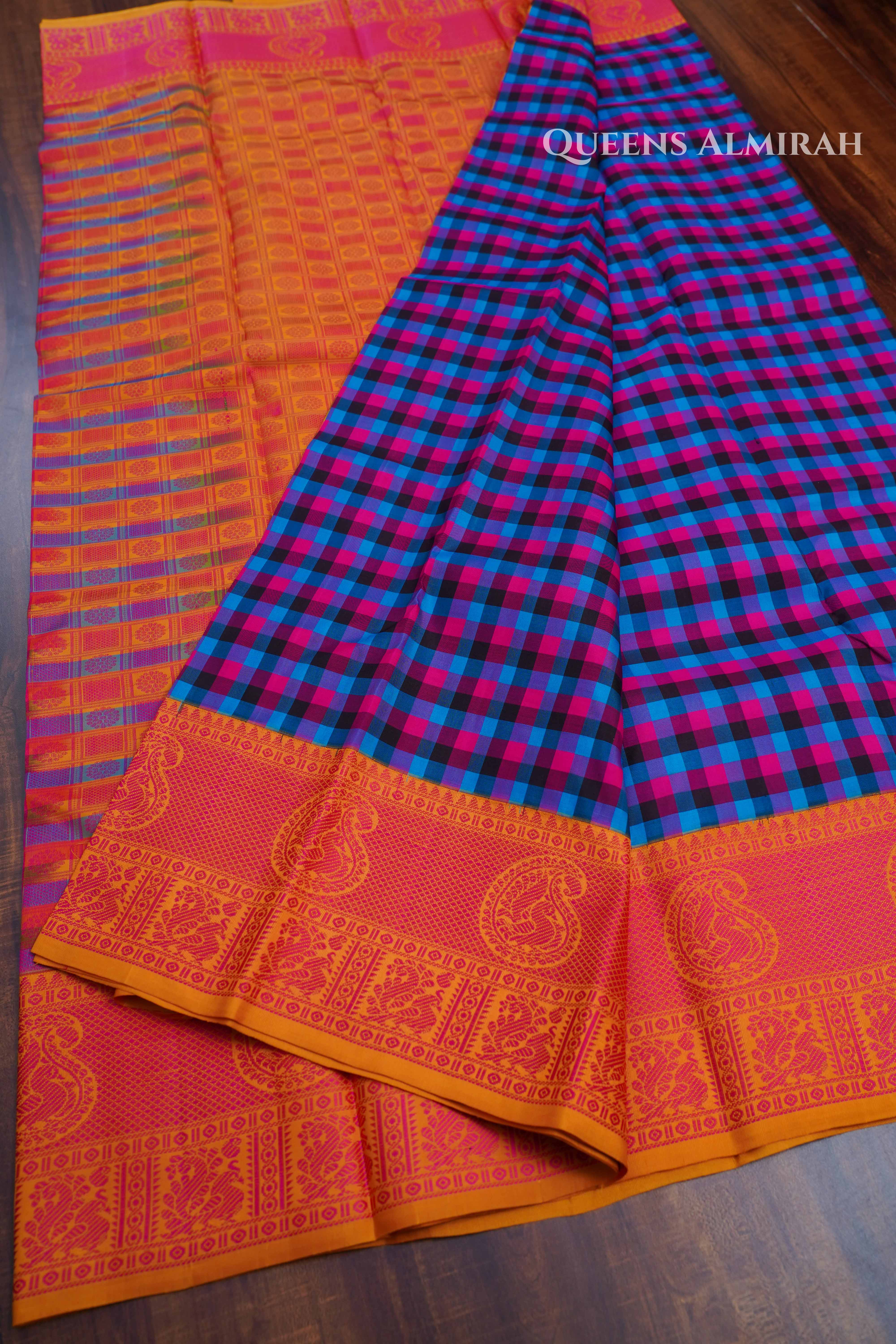 Blue With Pink Checks Kuravanji Silk Saree