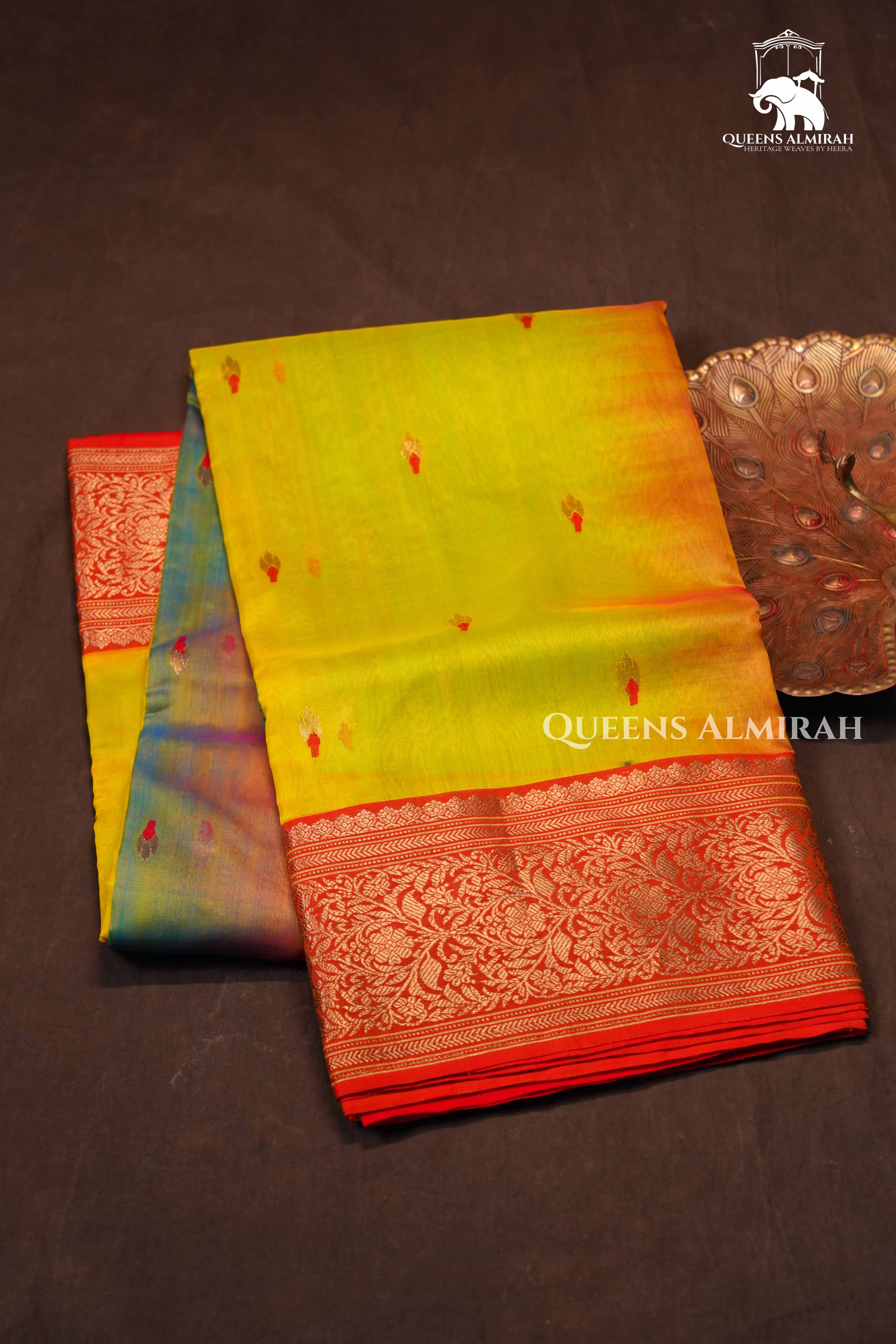 Shade Of Macaw Parrot -Chanderi Katan Silk Handloom Saree 1
