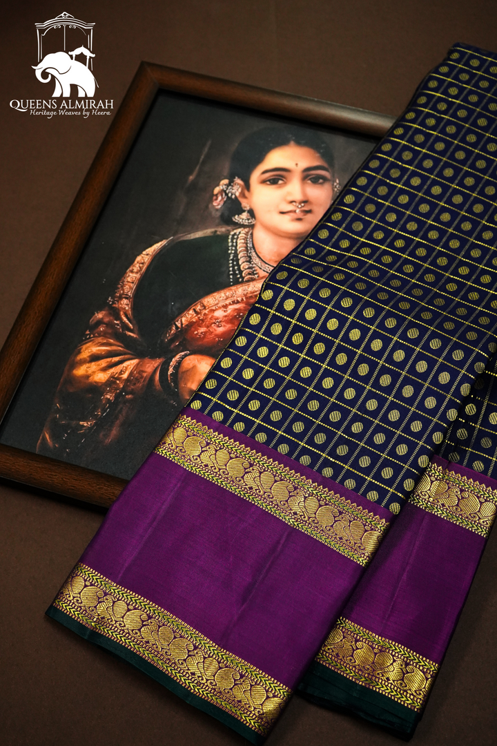BLUE BERRY WITH GRAPE PURPLE  PURE KANCHIVARAM SILK SAREE - Queens Jewel Emporium