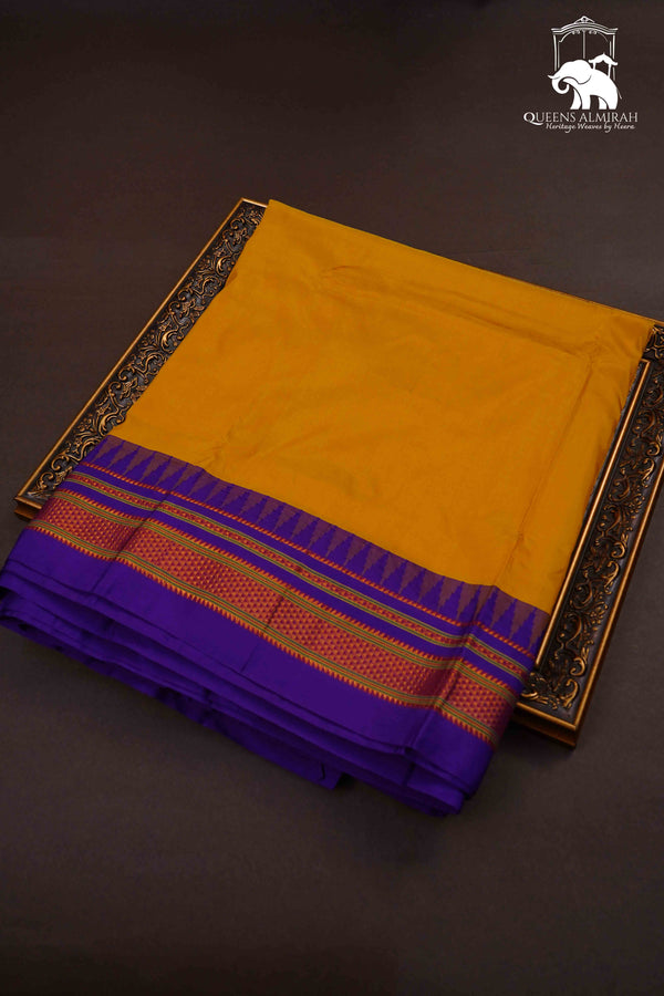 PUMPKIN YELLOW WITH PURPLE IRIS ILKAL SEMI SILK SAREE