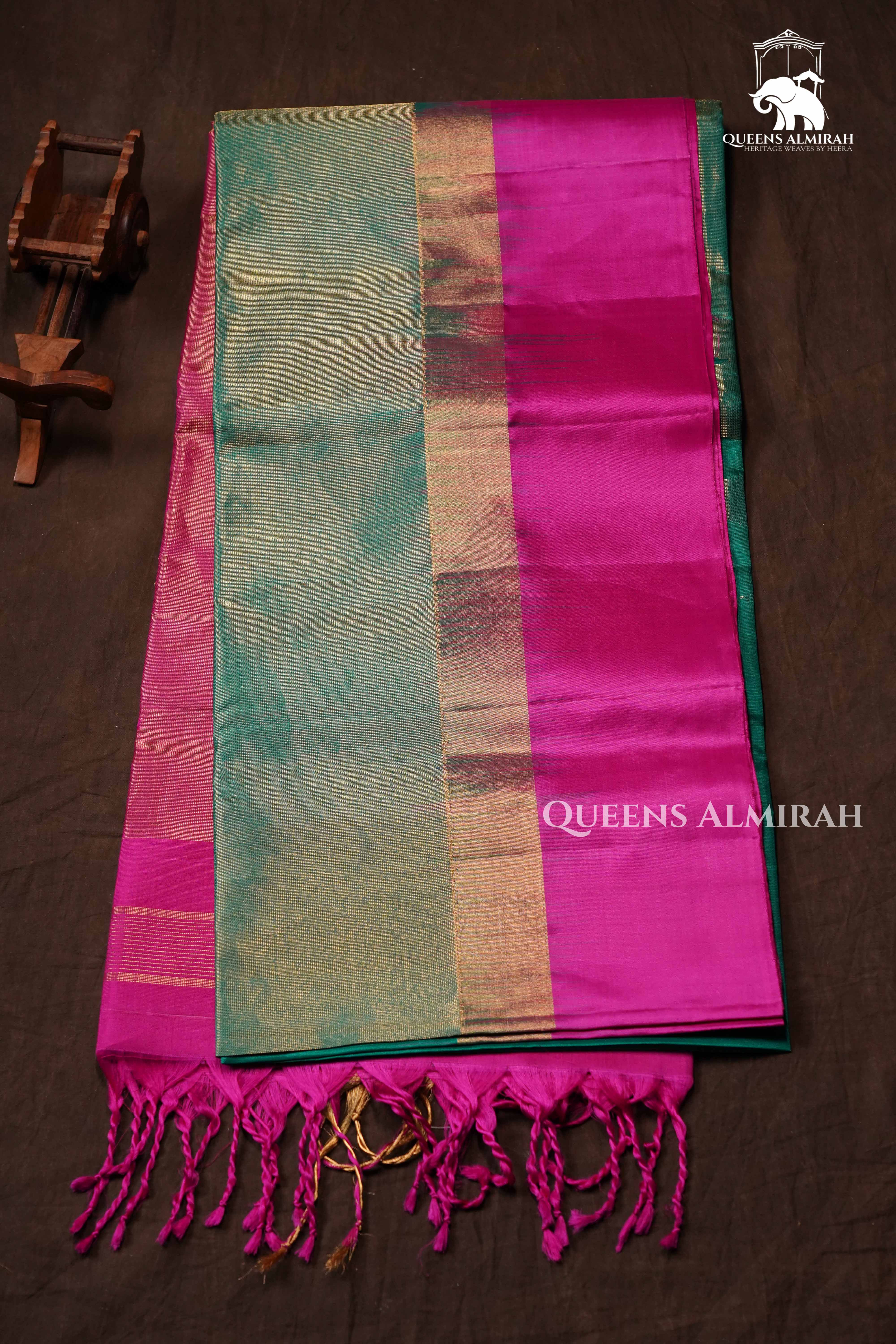 Dark Aqua Blue With Pink Pure Soft Silk Saree