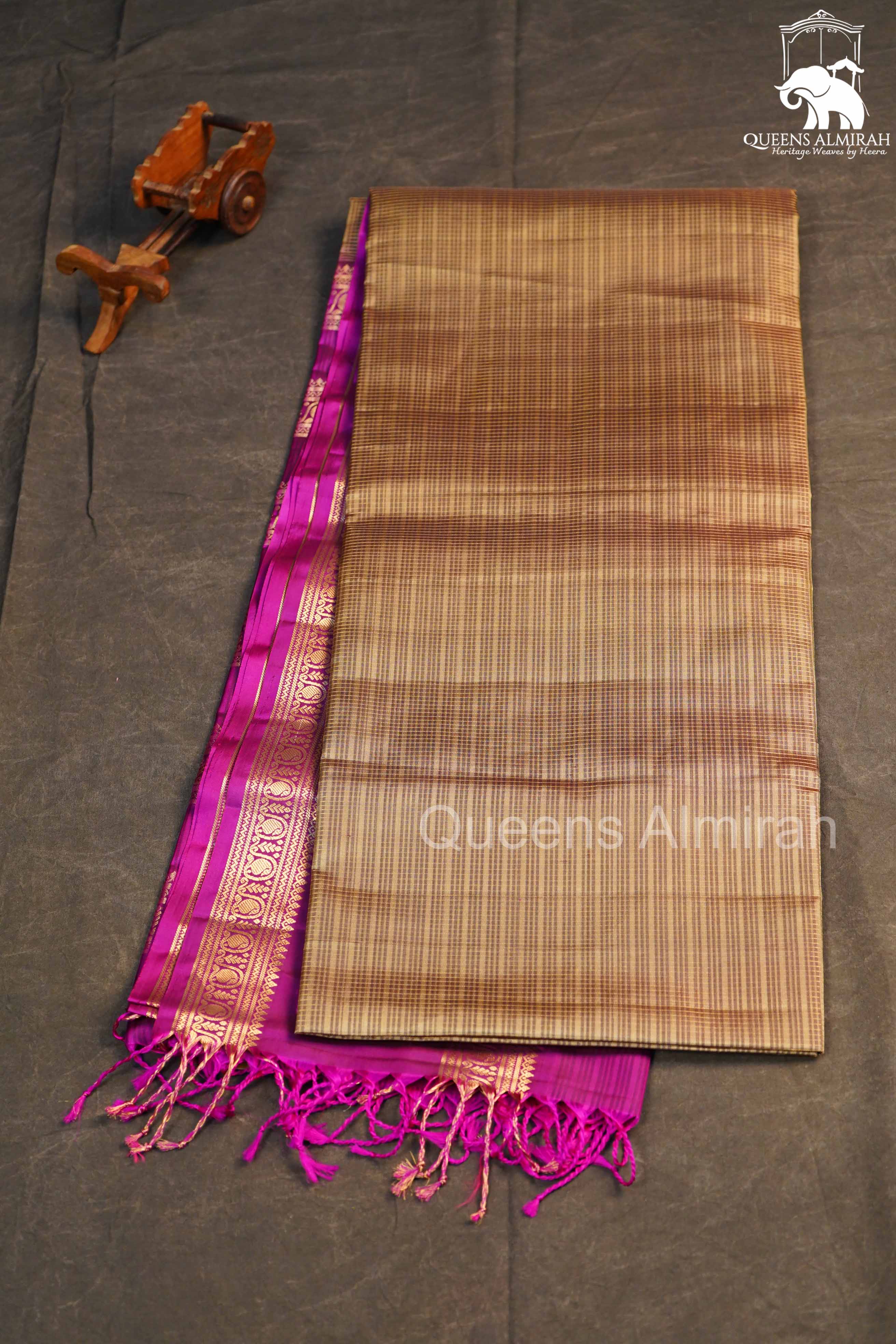 Mustard Brown With Pink Rettapetta Border Payadi Pure Soft Silk Saree