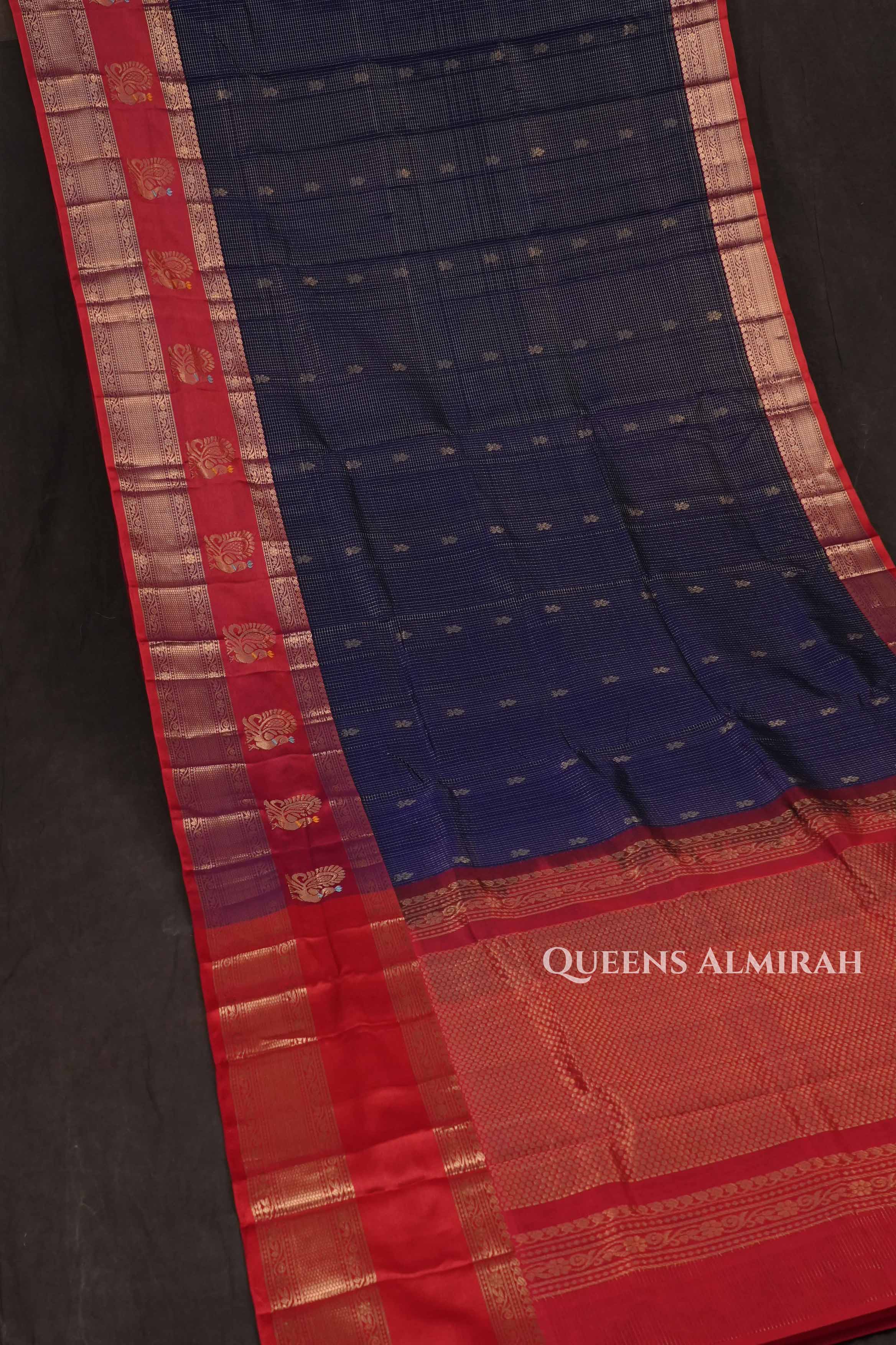 Dark Navy Blue With Red Pure Silk Cotton Saree