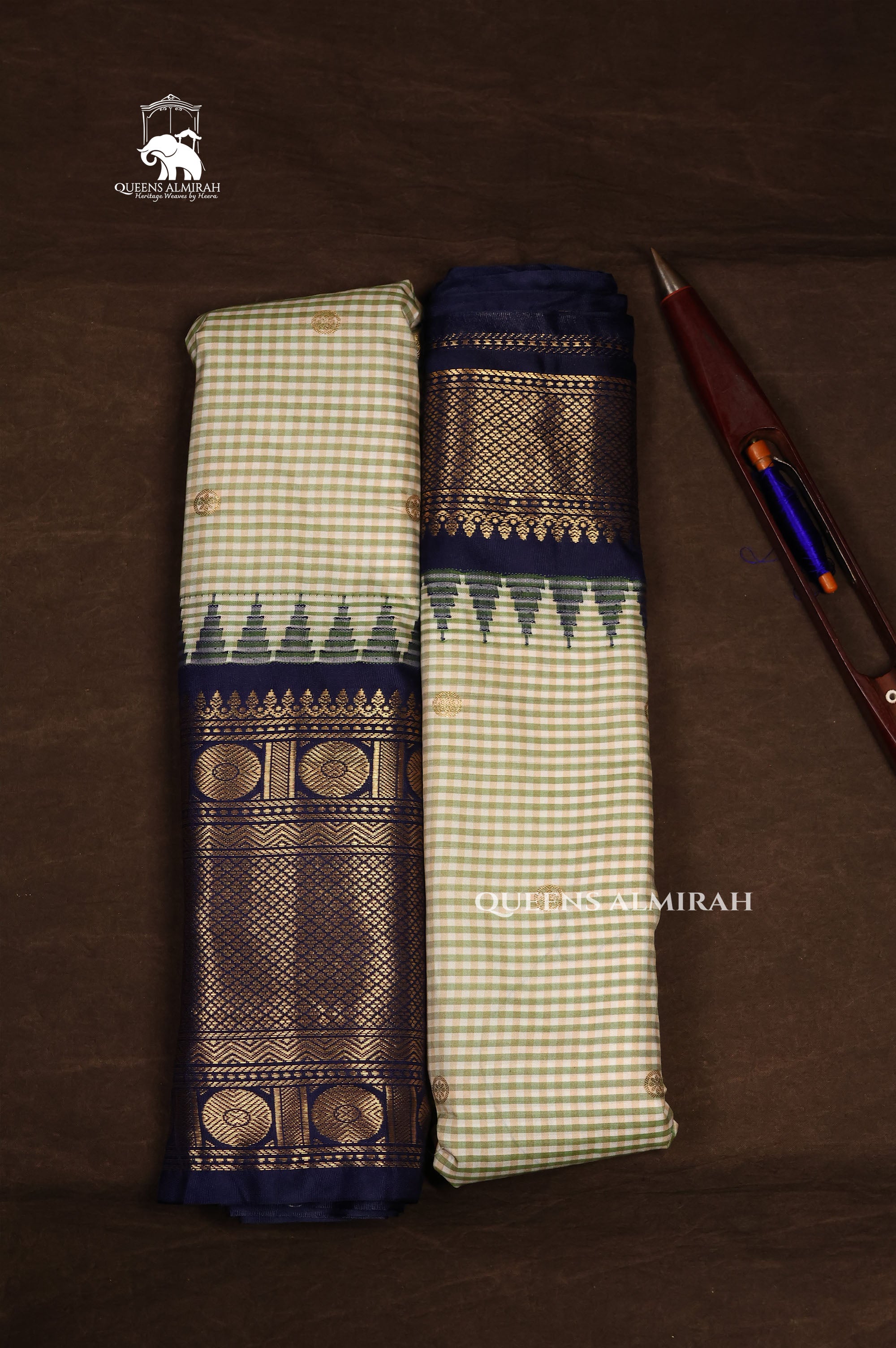 White With Green With Navy Blue Semi Gadwal Silk Saree