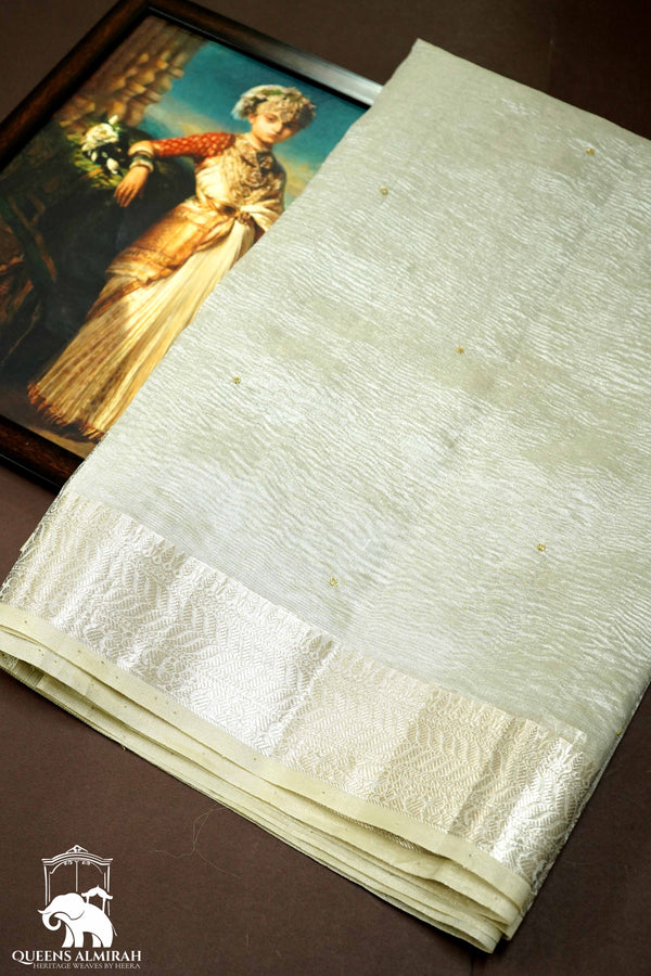 LIGHT SILVER WITH WOVEN BORDER TISSUE SAREE - Queens Jewel Emporium