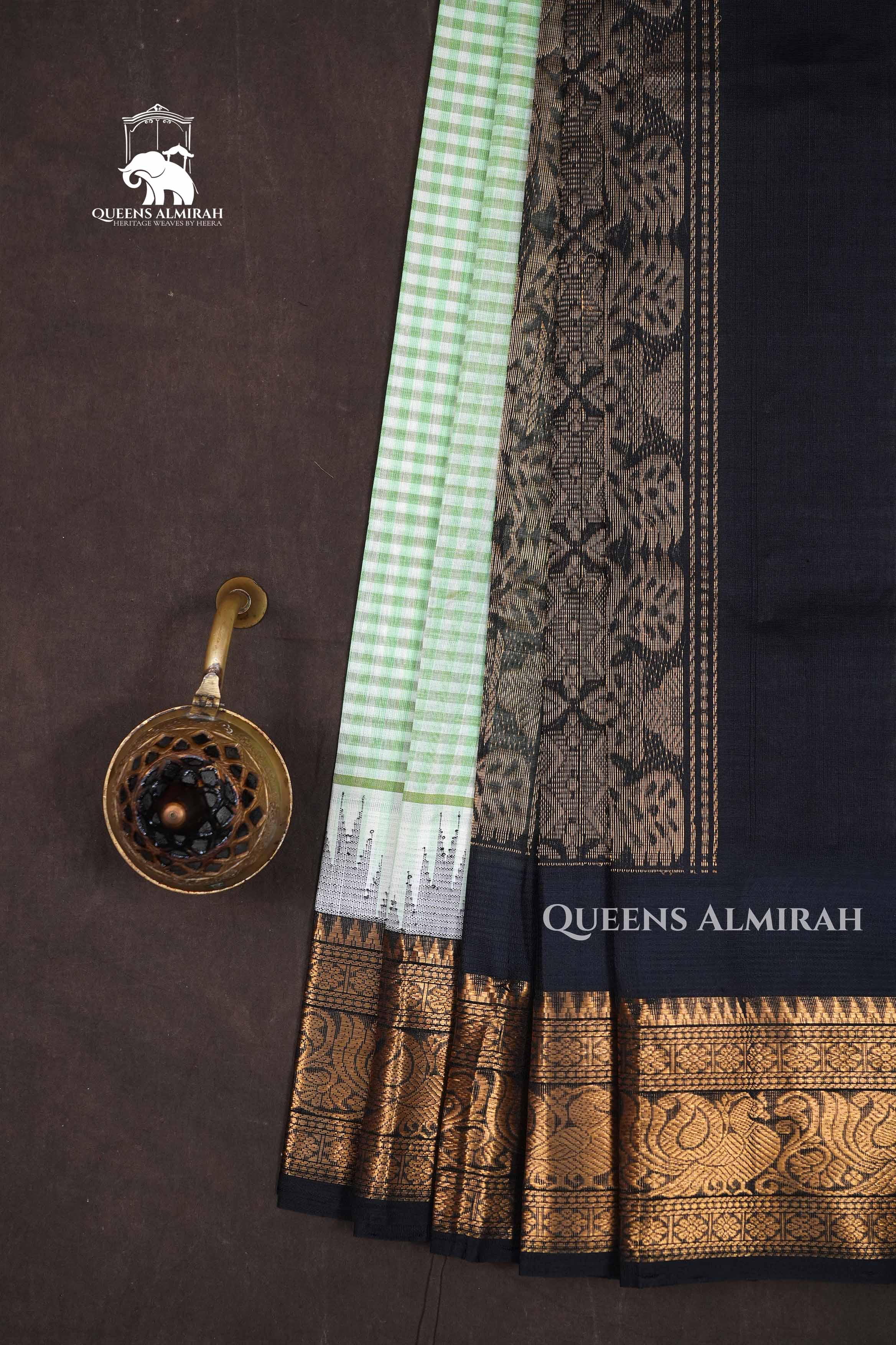 White And Green Checked With Black Pure Silk Cotton Saree