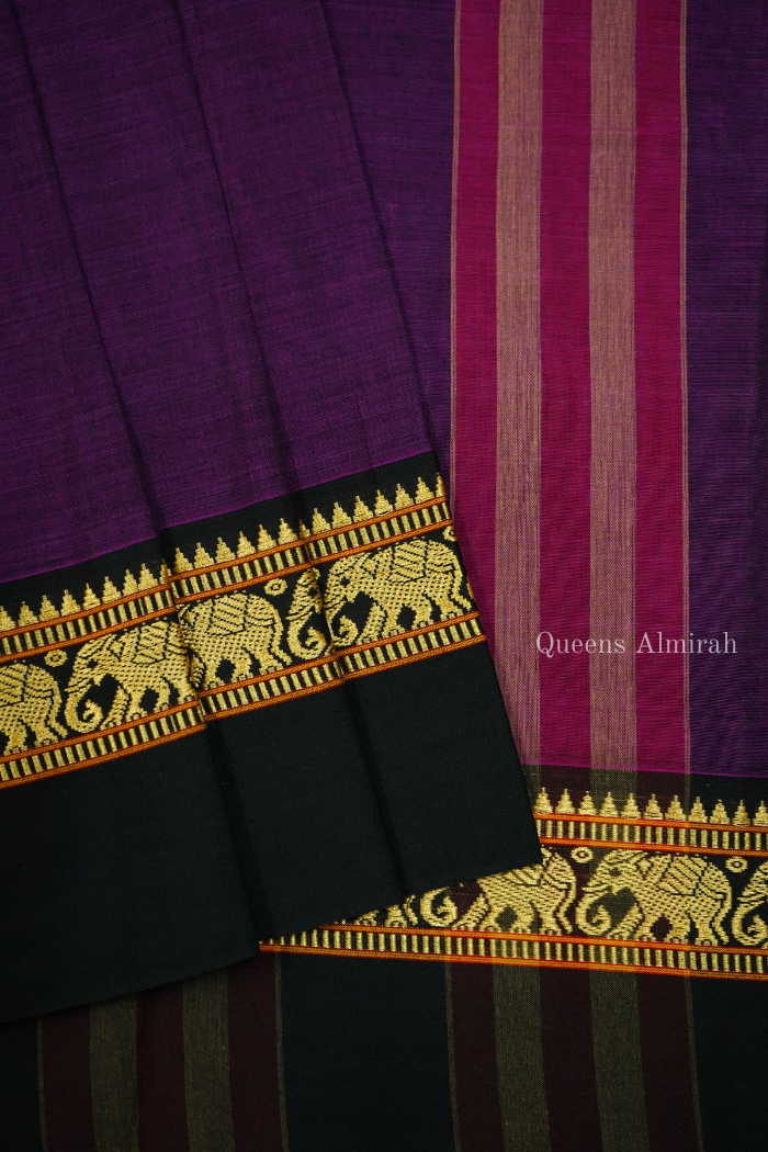 EGGPLANT PURPLE WITH BLACK BORDER NARAYANPET COTTON SAREE - Queens Jewel Emporium
