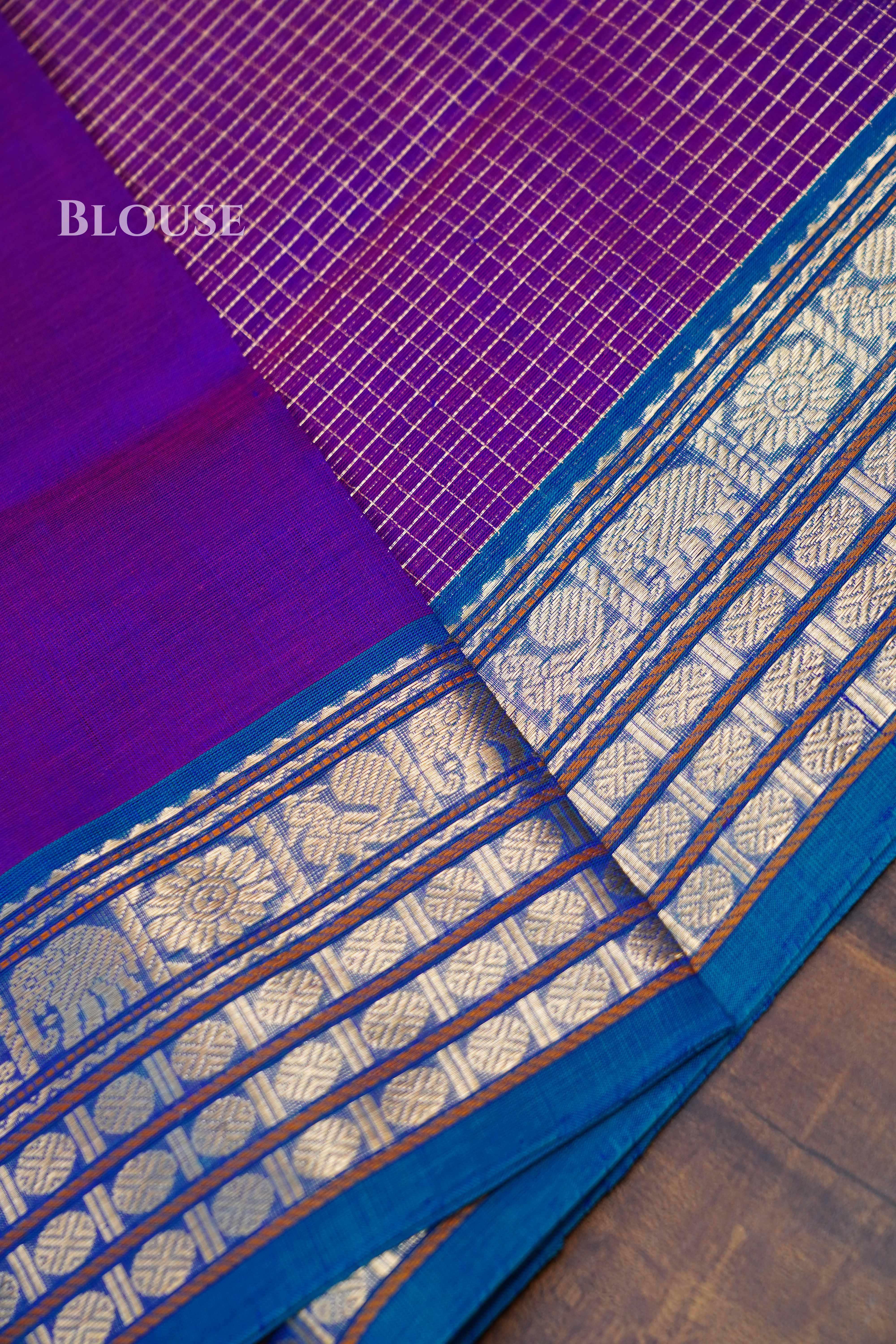 Warm Purple With Teal Blue-Karaikudi Chettinad Silk Cotton Saree