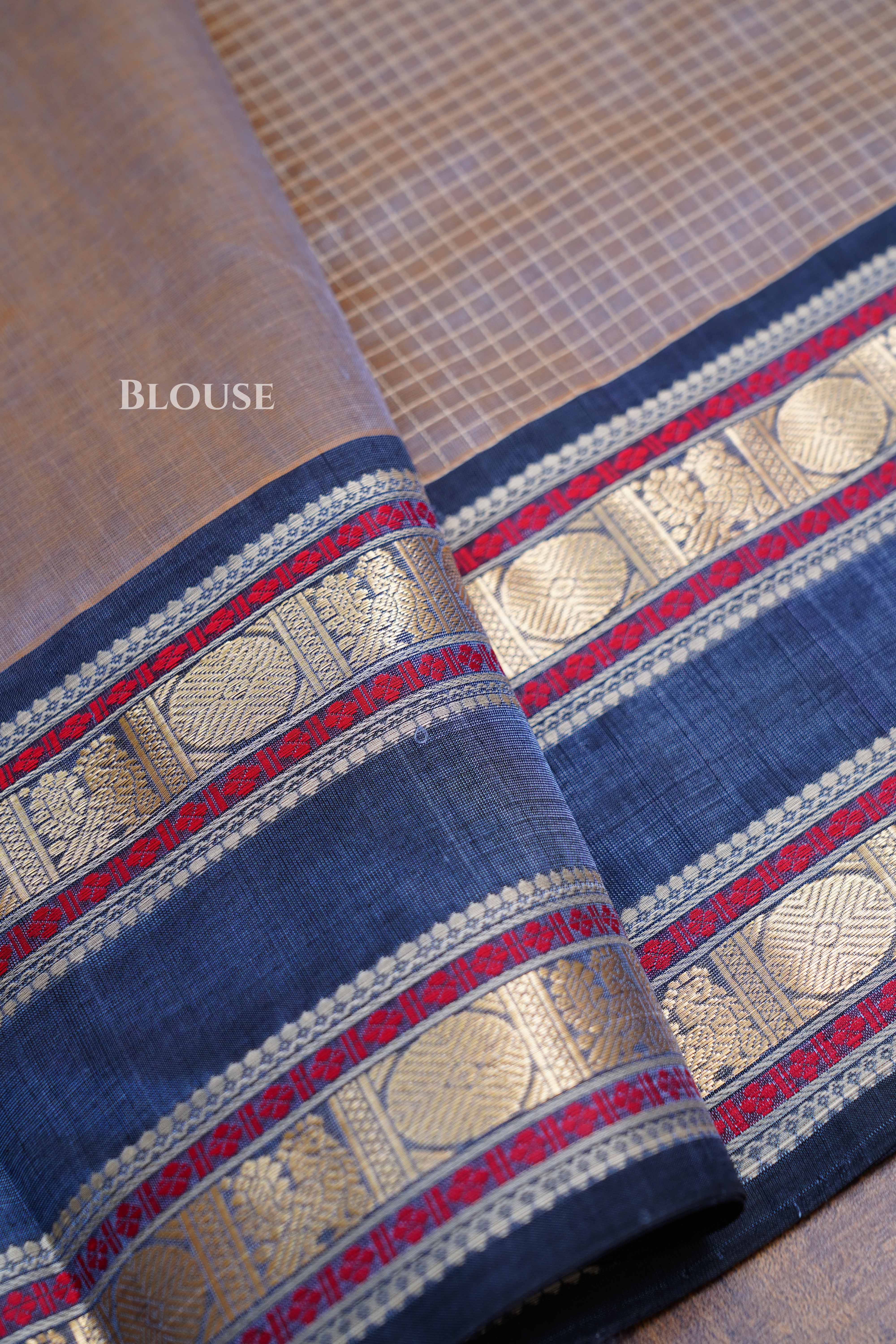 Tan Brown With Denim Blue Karaikudi Chettinad Silk Cotton Saree
