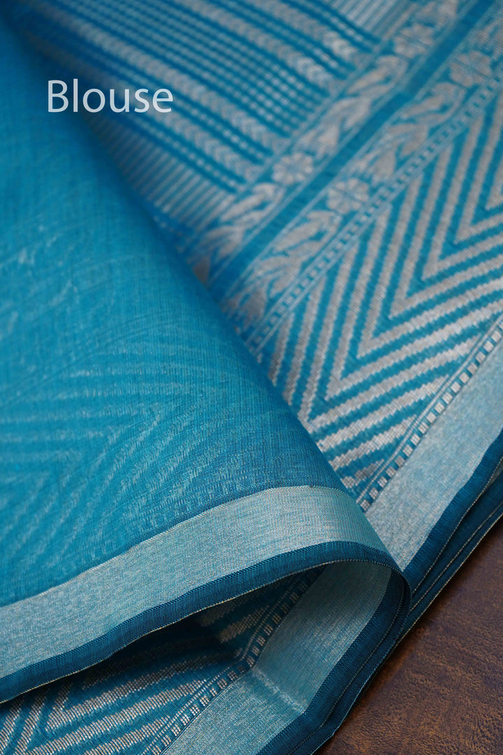 WATER BLUE BANARASI SILK COTTON SAREE - Queens Jewel Emporium