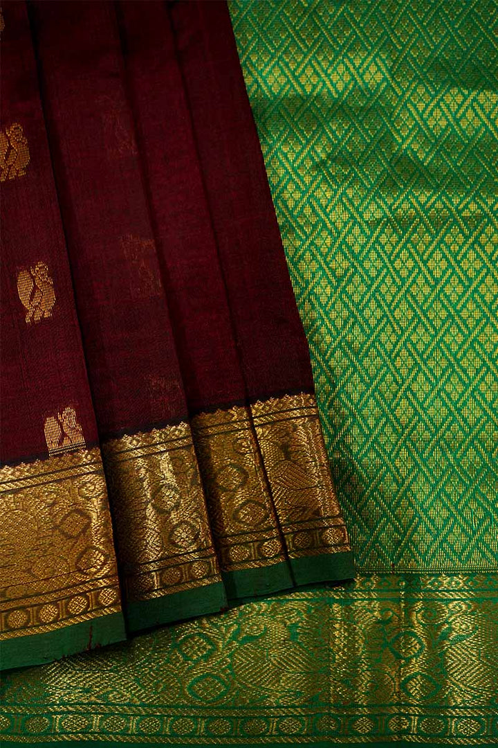 DARK MAROON WITH LEAF GREEN KANCHI SILK COTTON SAREE - Queens Jewel Emporium