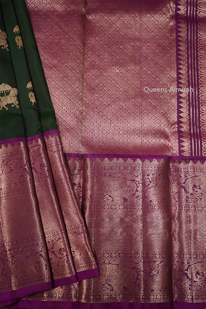 MINERAL GREEN WITH WARM PURPLE PURE  KANCHIVARAM SILK SAREE - Queens Jewel Emporium