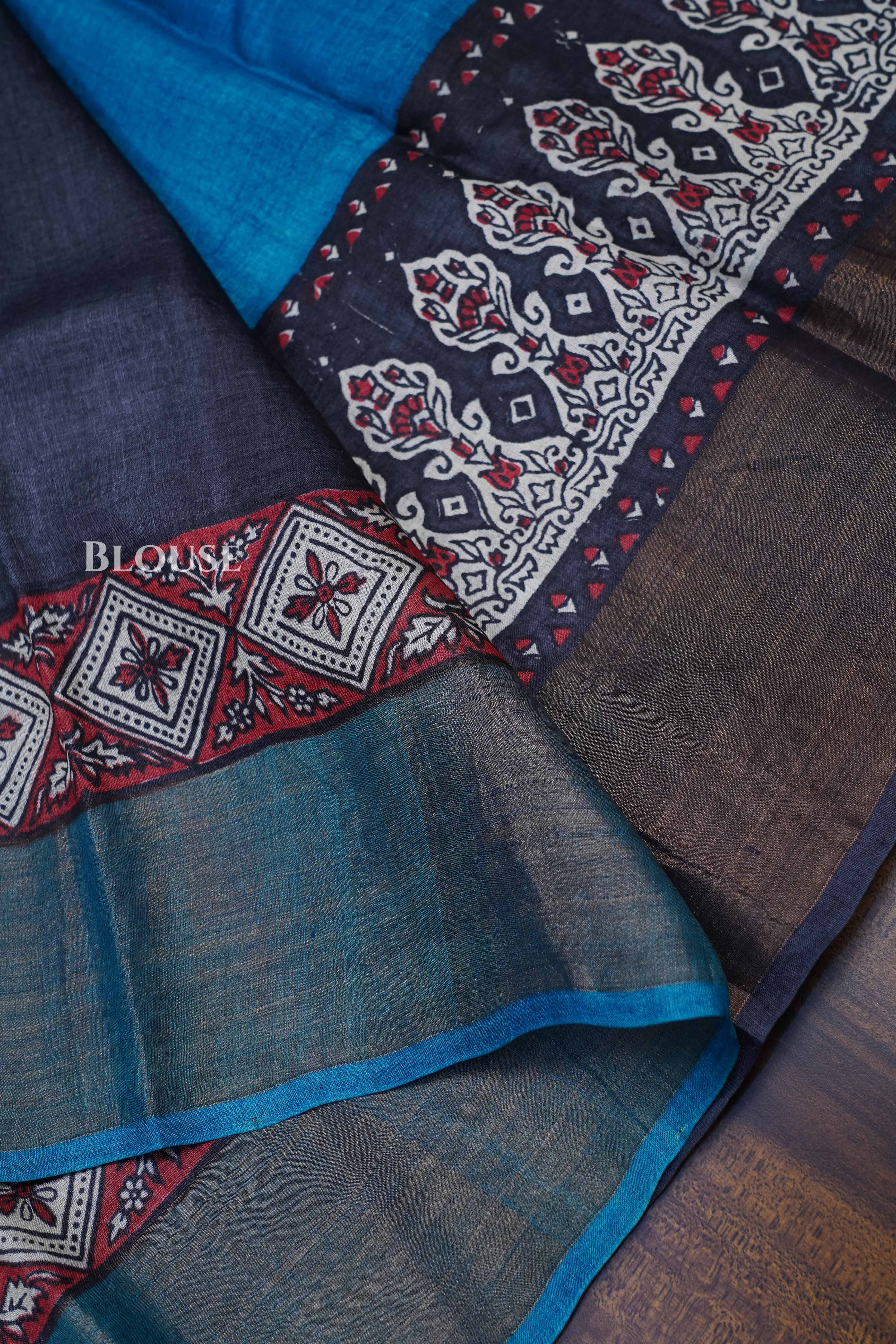 Teal Blue Pure Tussar Silk Saree