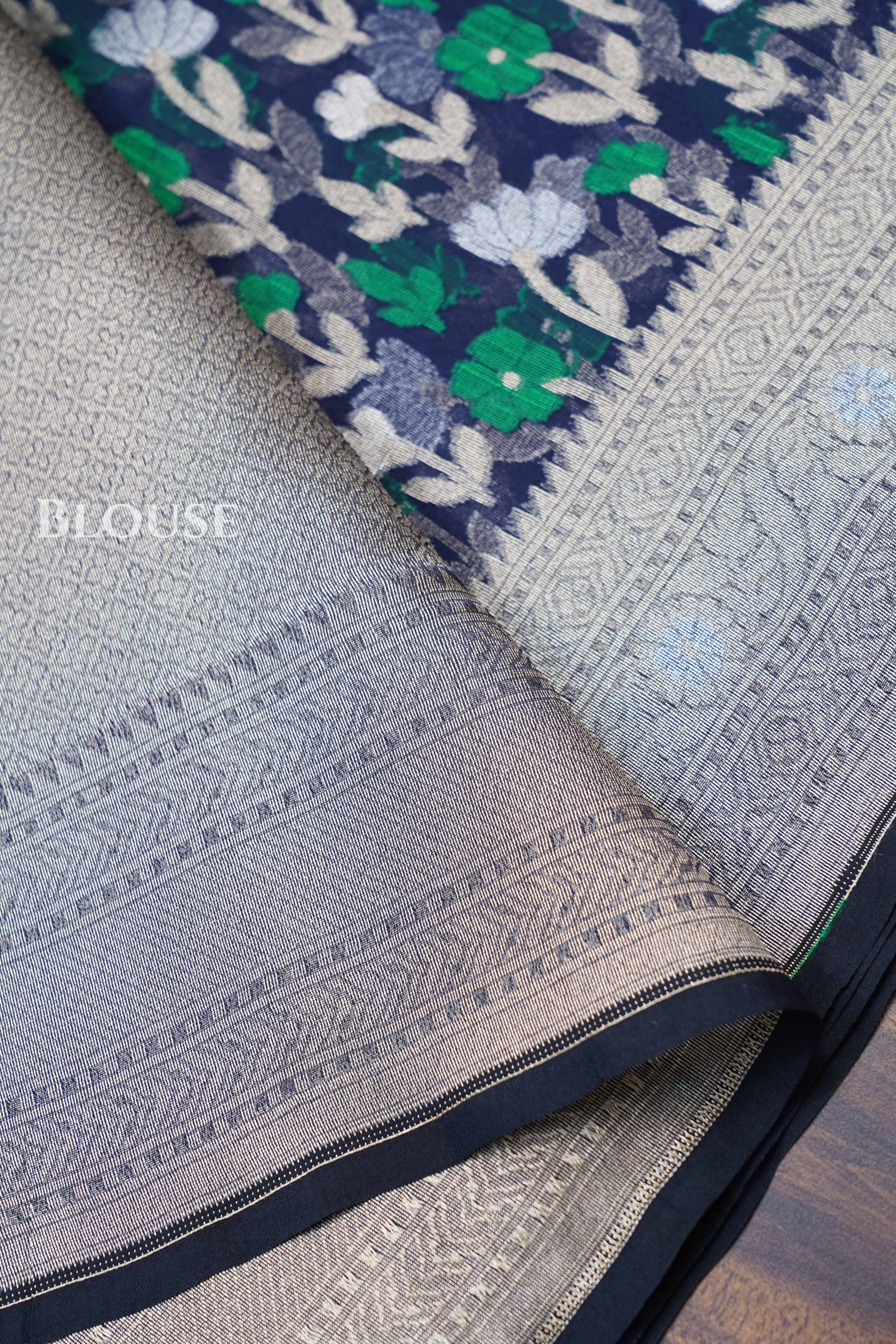 Dark Navy Banarasi Organza Silk Saree