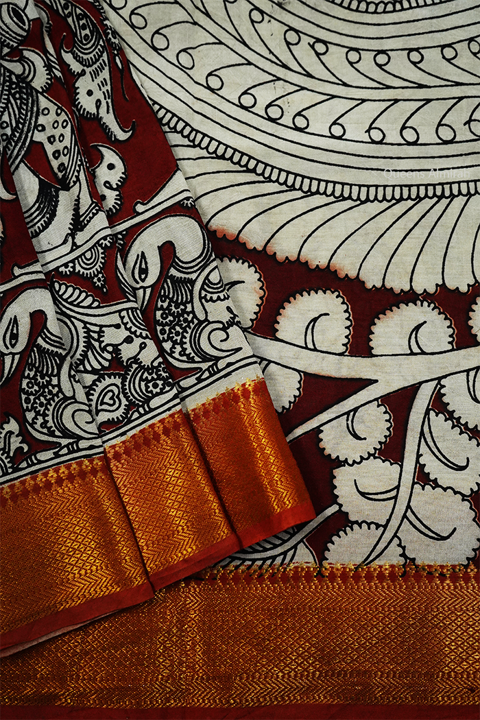 ROSE WOOD WITH RED AND GOLDEN BORDER  MANGALGIRI SAREE - Queens Jewel Emporium