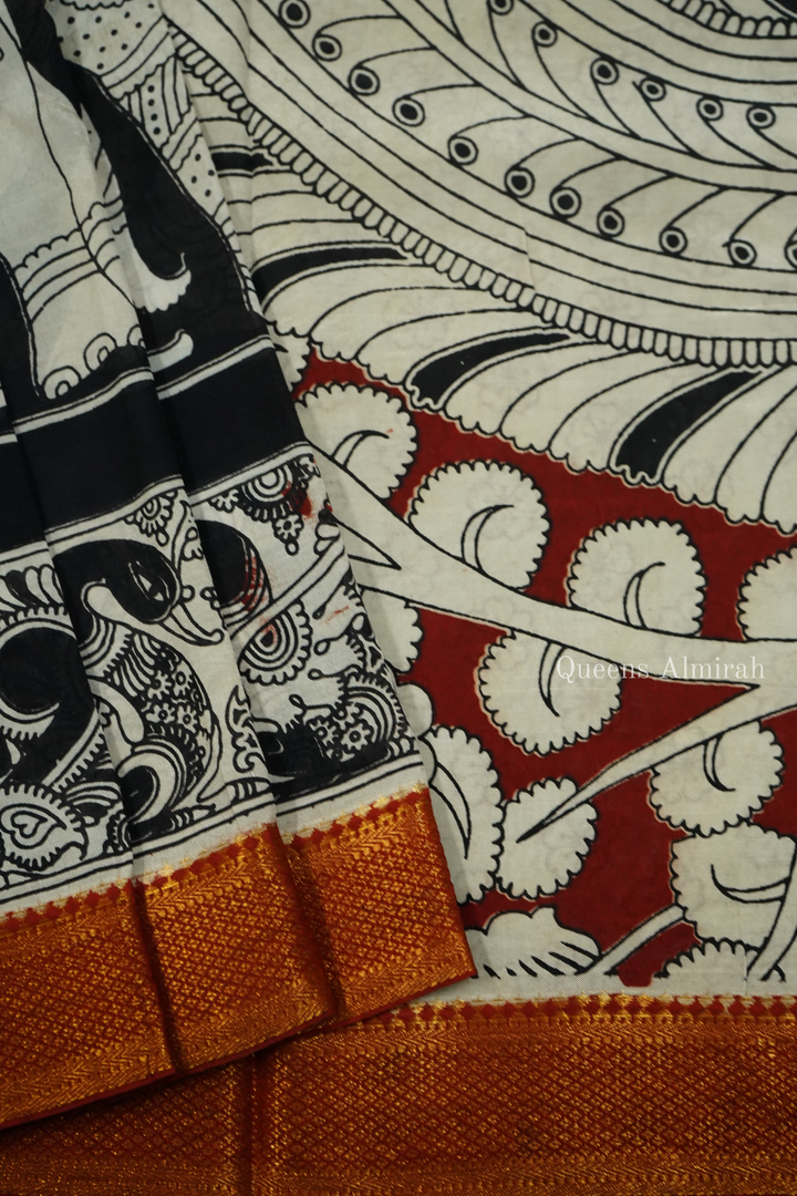BLACK WITH ROYAL RED MANGALGIRI SAREE - Queens Jewel Emporium