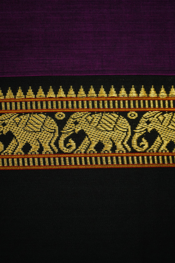 EGGPLANT PURPLE WITH BLACK BORDER NARAYANPET COTTON SAREE - Queens Jewel Emporium