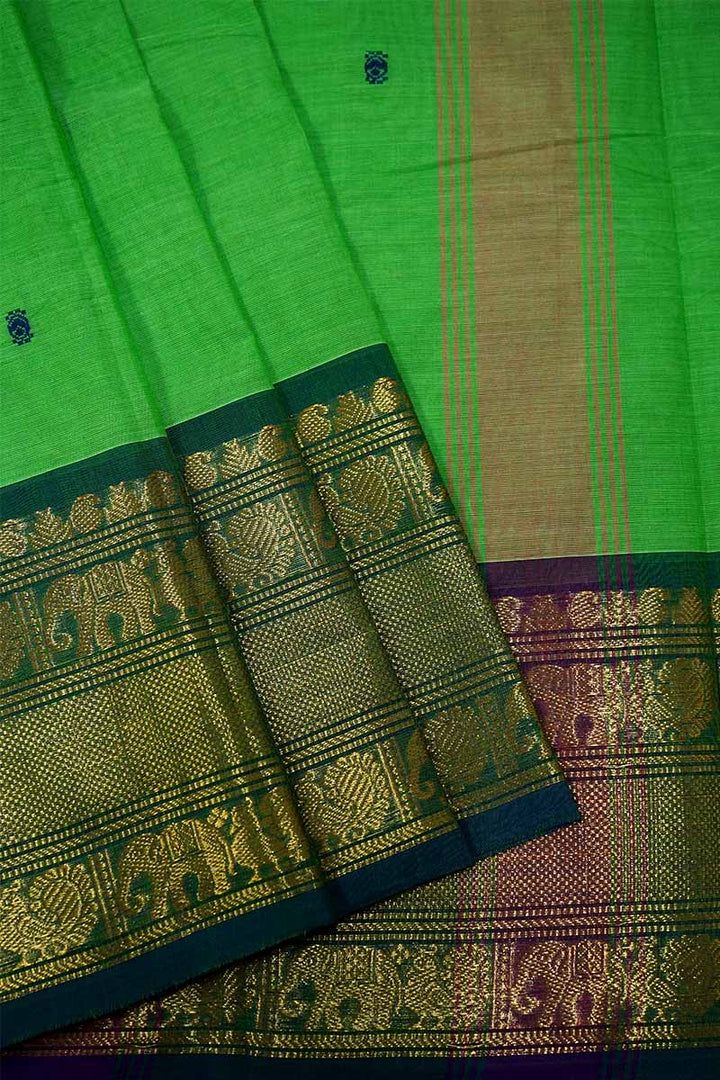 GREEN WITH BLUISH CYAN KANCHI COTTON SAREE - Queens Jewel Emporium