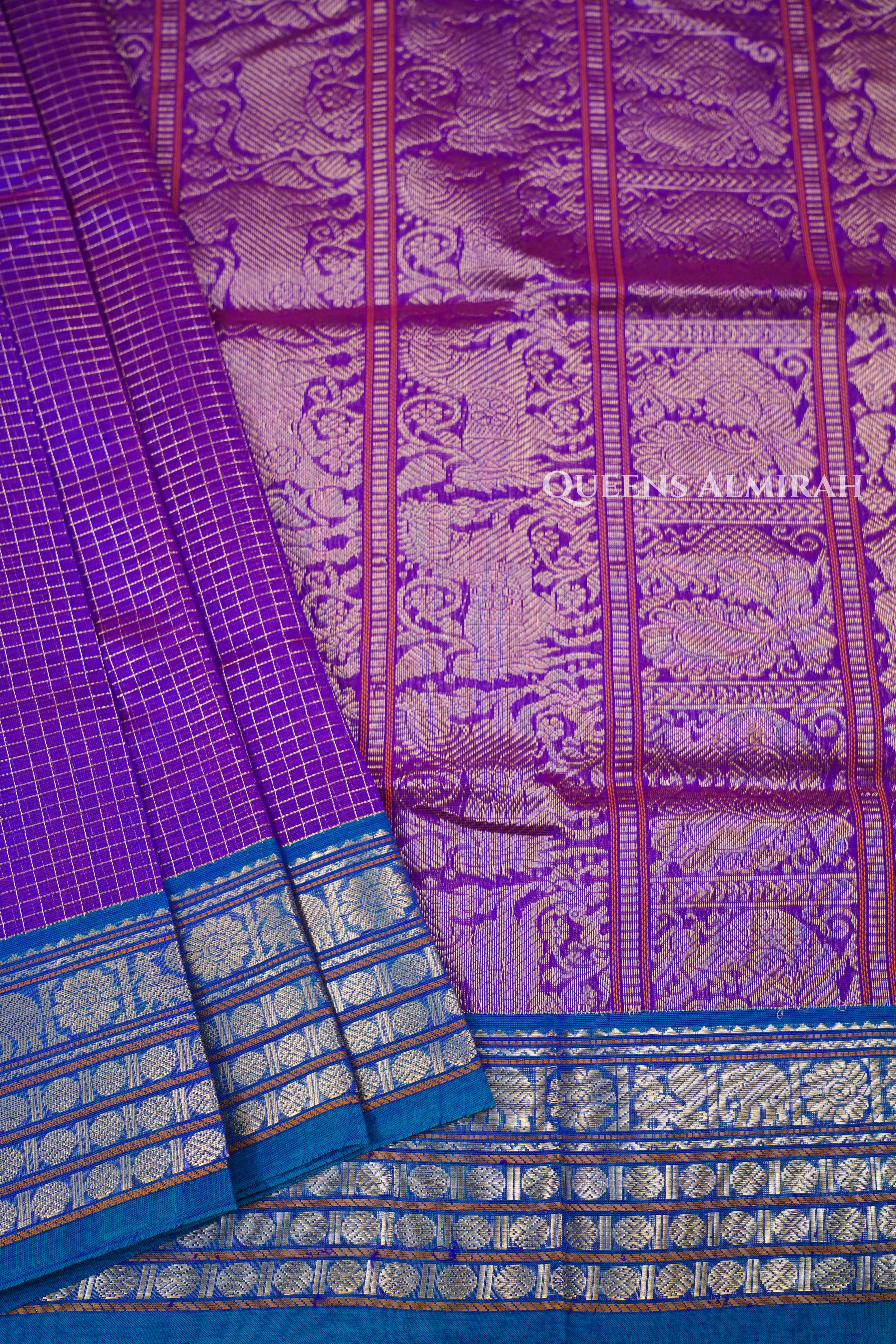 Warm Purple With Teal Blue-Karaikudi Chettinad Silk Cotton Saree