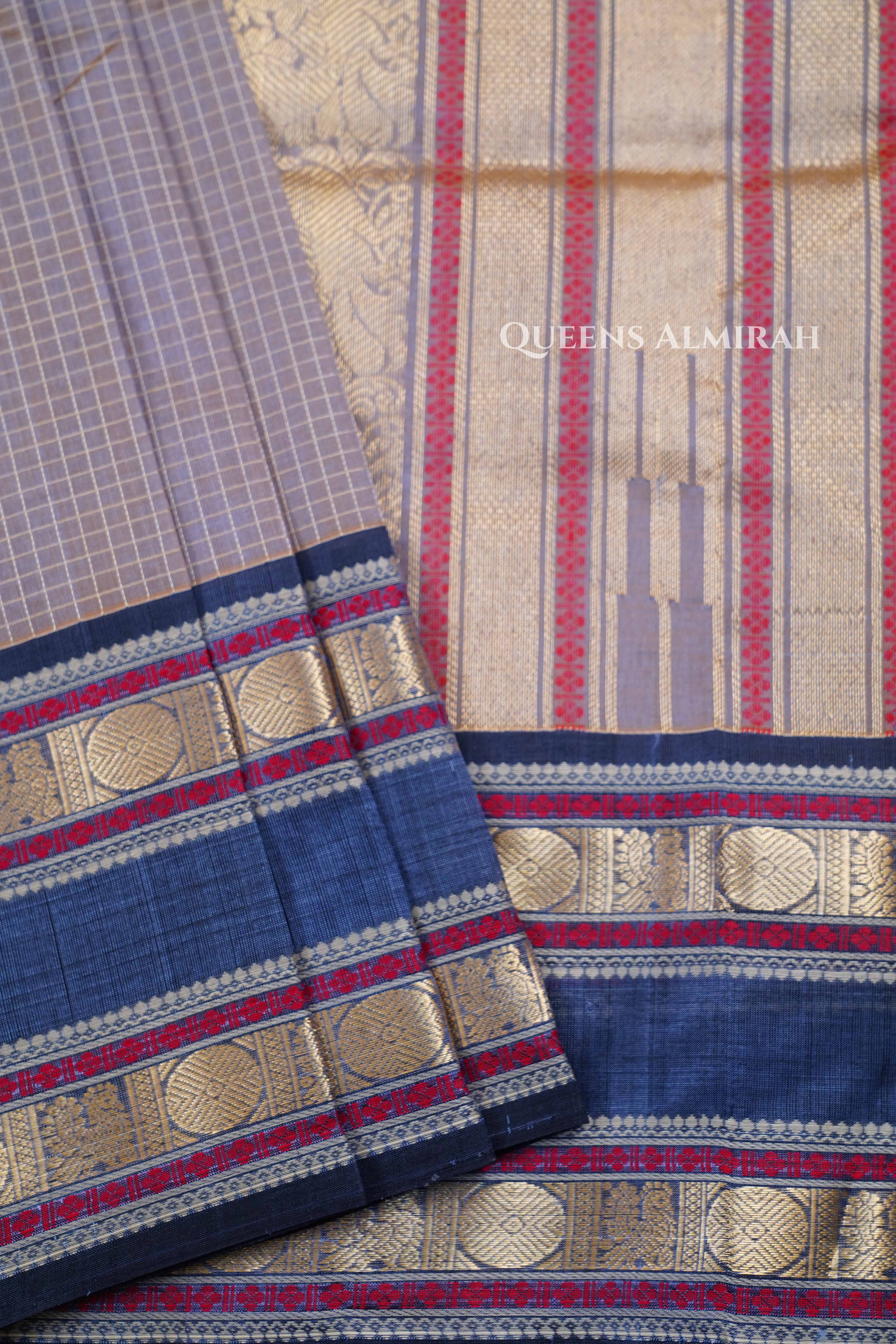 Tan Brown With Denim Blue Karaikudi Chettinad Silk Cotton Saree