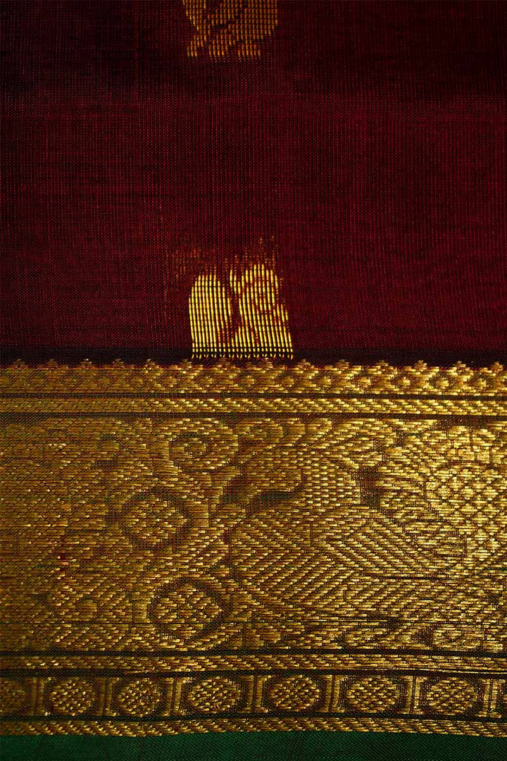 DARK MAROON WITH LEAF GREEN KANCHI SILK COTTON SAREE - Queens Jewel Emporium