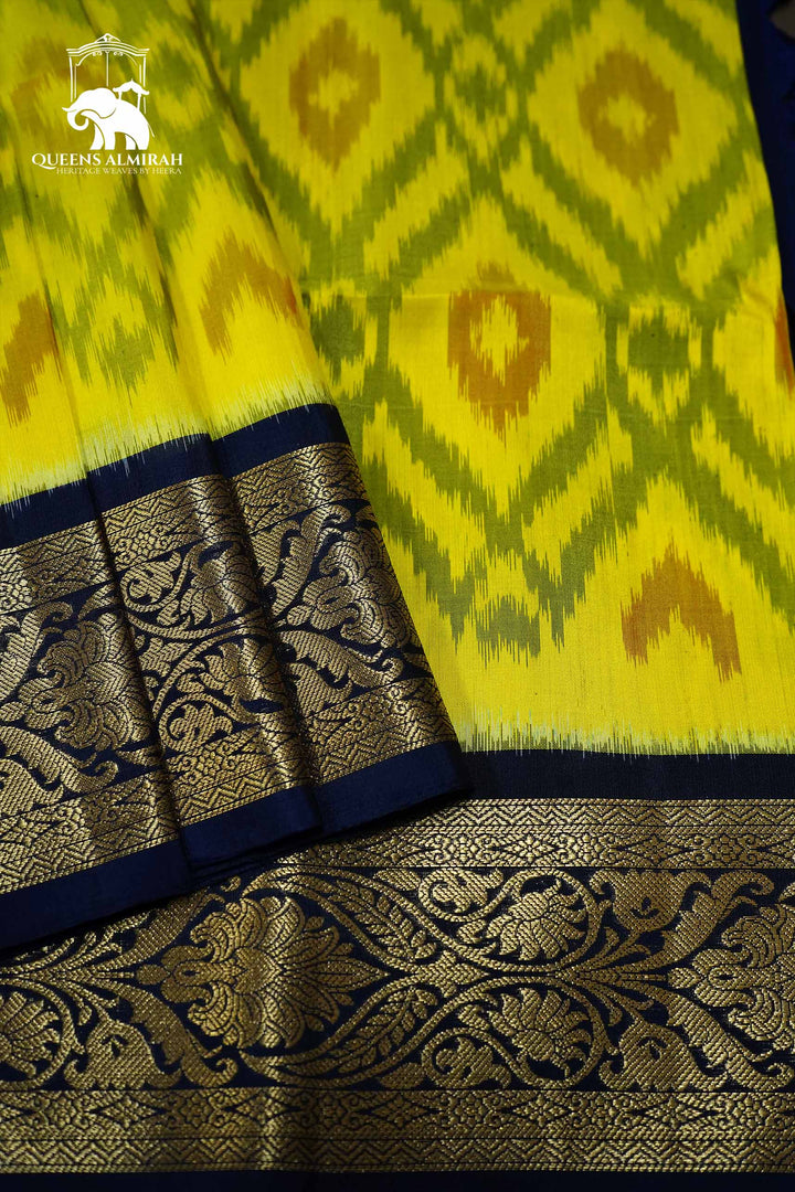 OLIVE YELLOW WITH CHARCOAL BLUE SOFT SILK SAREE - Queens Jewel Emporium
