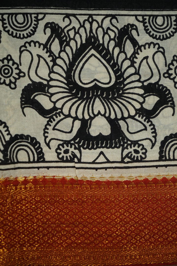 BLACK WITH ROYAL RED MANGALGIRI SAREE - Queens Jewel Emporium