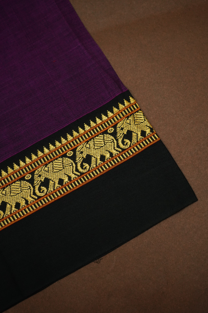 EGGPLANT PURPLE WITH BLACK BORDER NARAYANPET COTTON SAREE - Queens Jewel Emporium