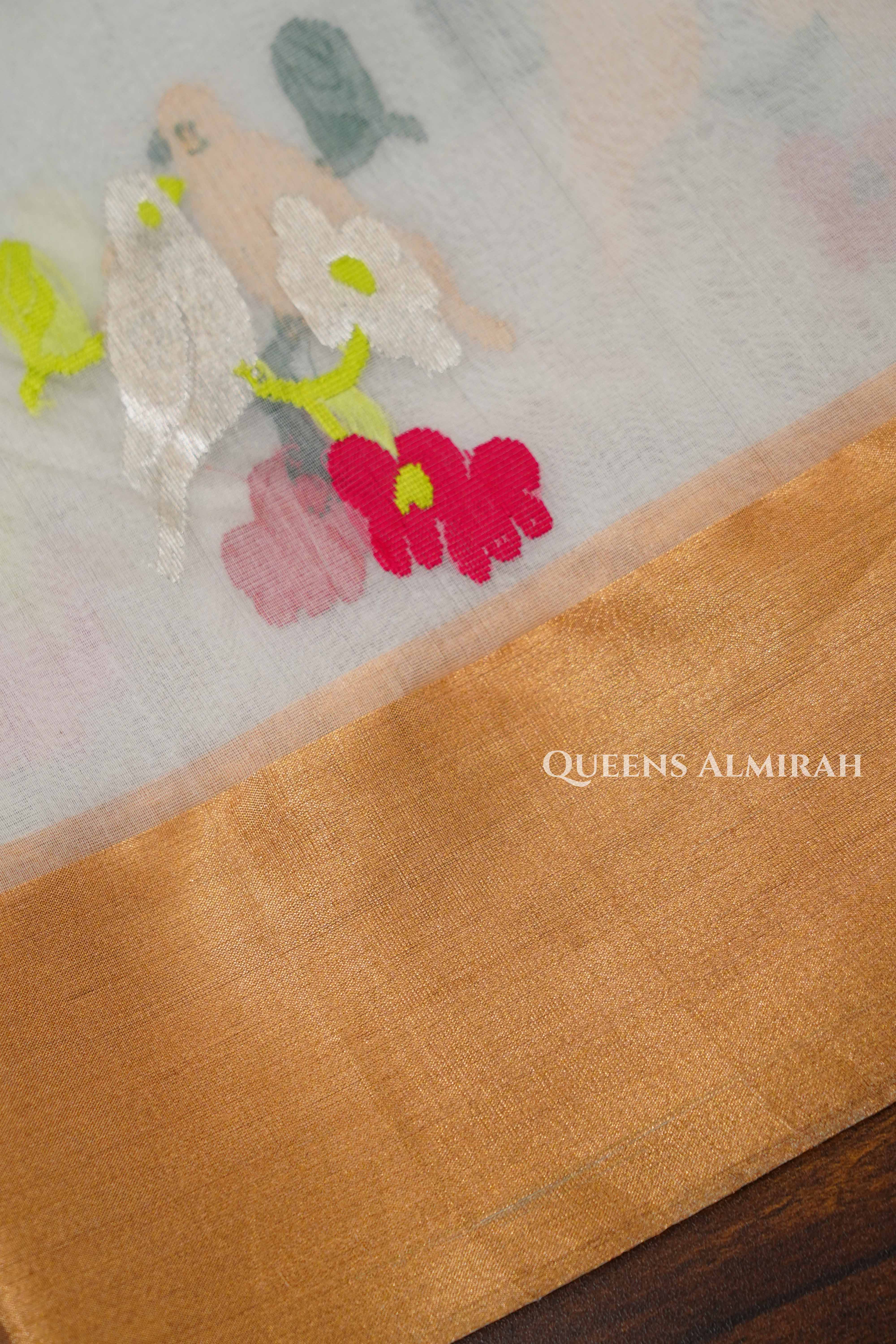 White Chanderi Katan Handloom Silk Saree