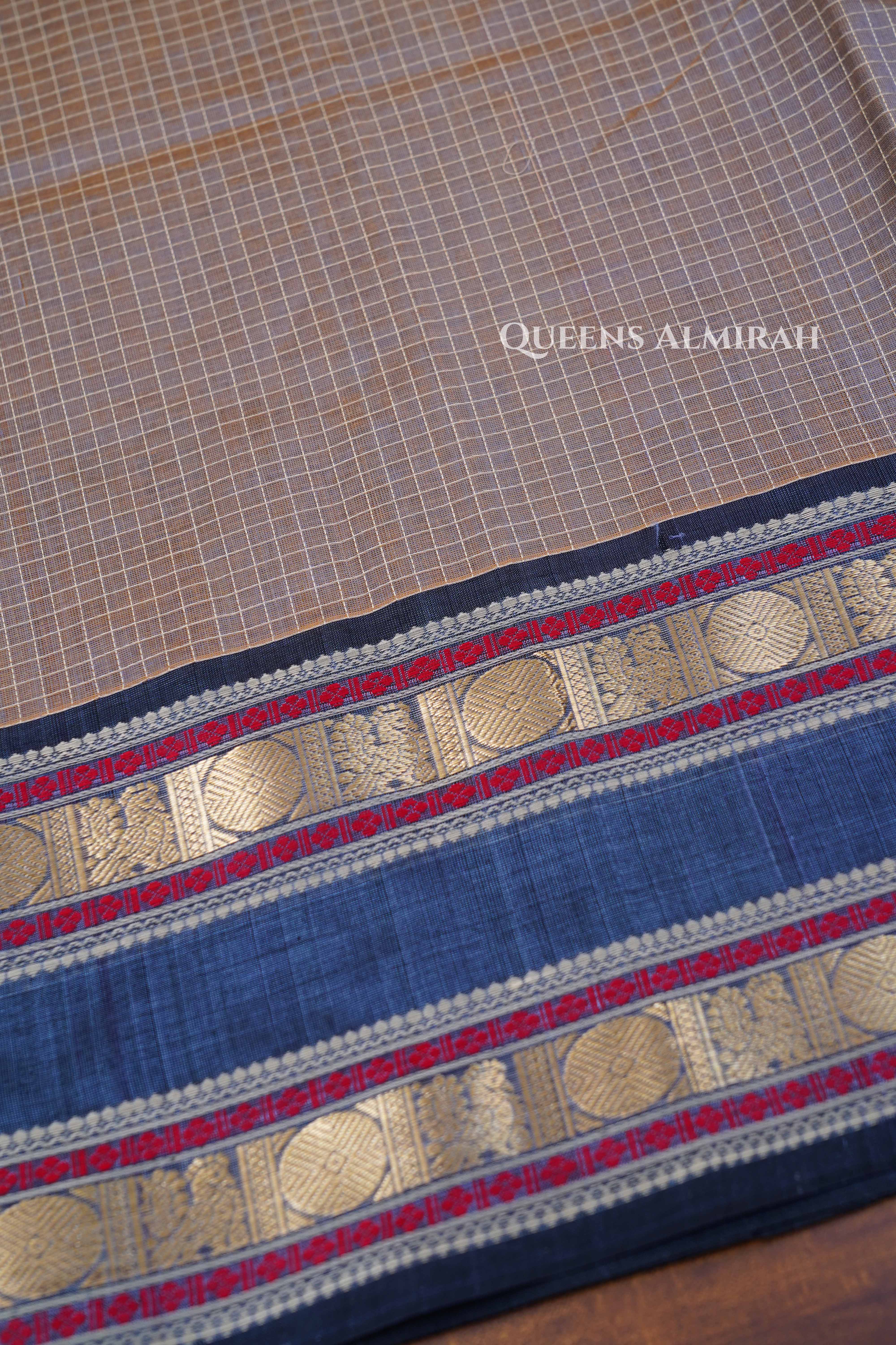 Tan Brown With Denim Blue Karaikudi Chettinad Silk Cotton Saree