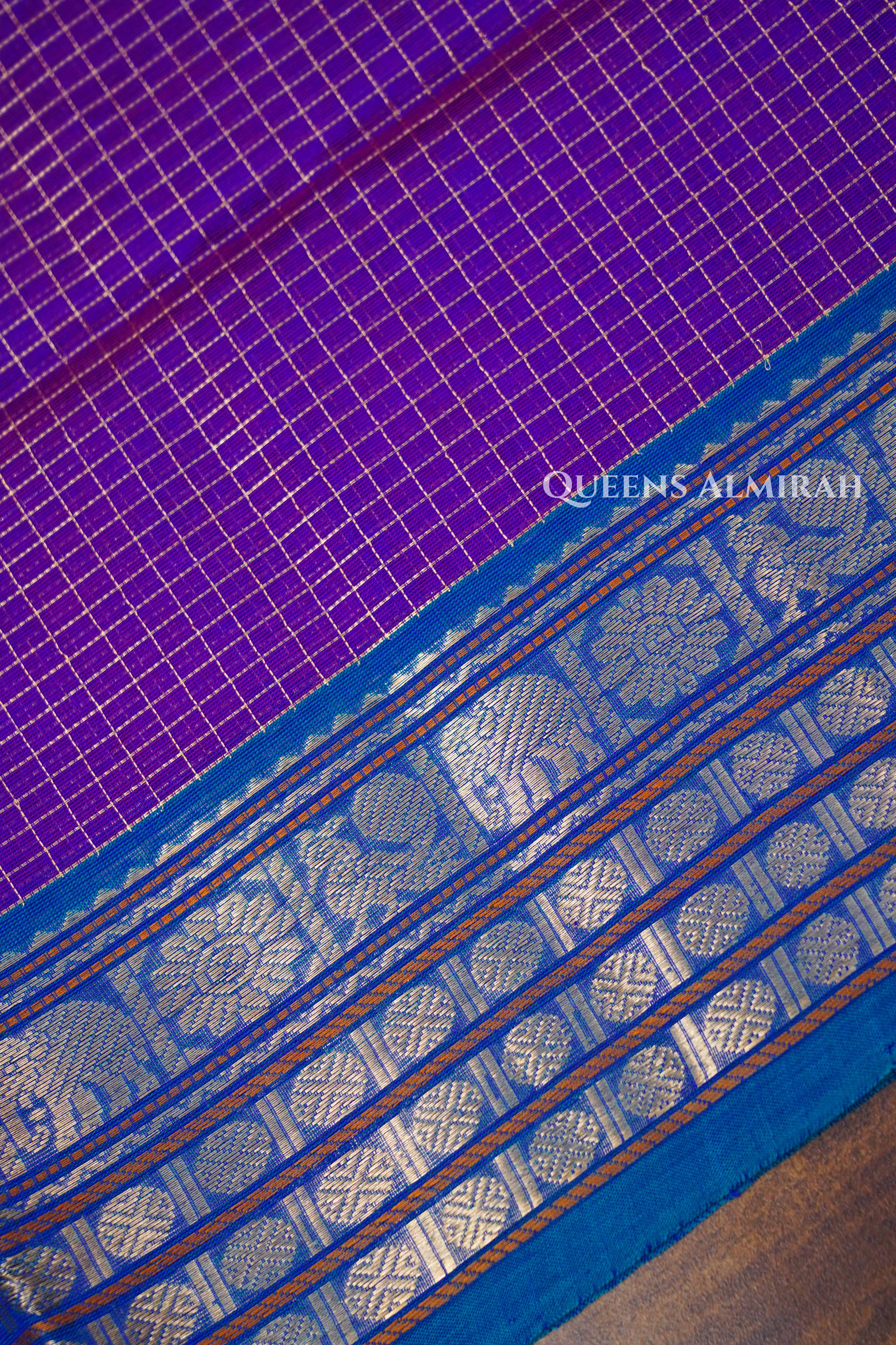 Warm Purple With Teal Blue-Karaikudi Chettinad Silk Cotton Saree